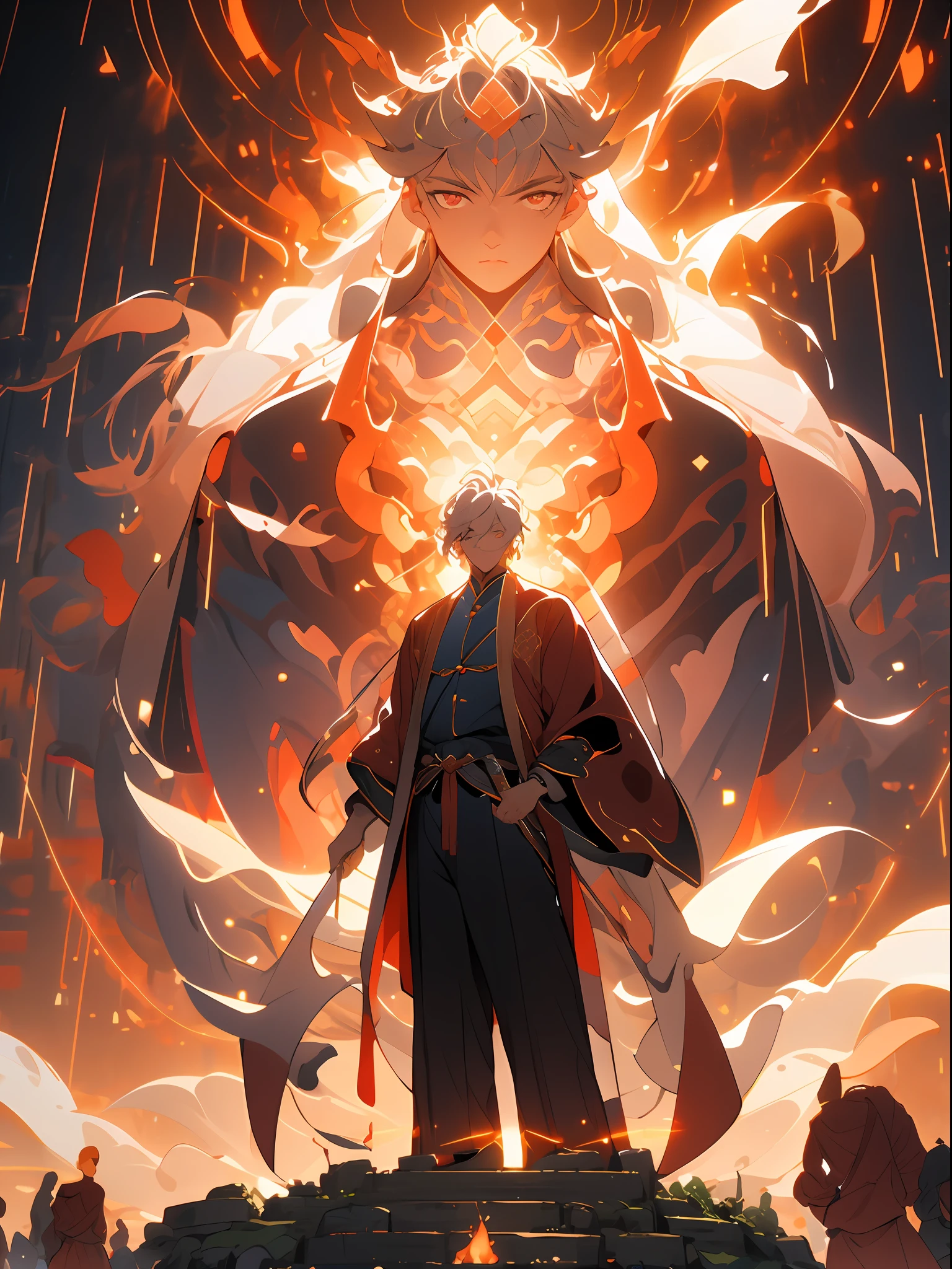 , (masterpiece:1.2), best quality,PIXIV, taoist,
a character standing in front of red glowing real people,transparent,fire,