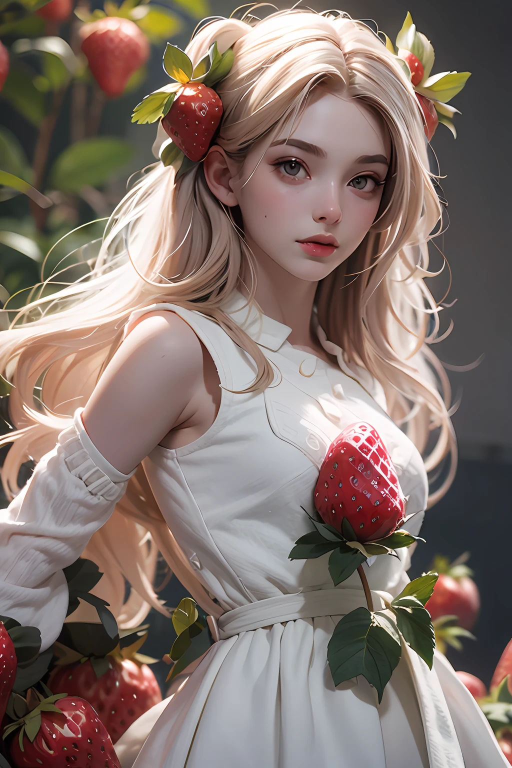 masterpiece, best quality, Strawberry girl +/- Strawberry, flower_style, pale skin, realistic, 3d octane render,