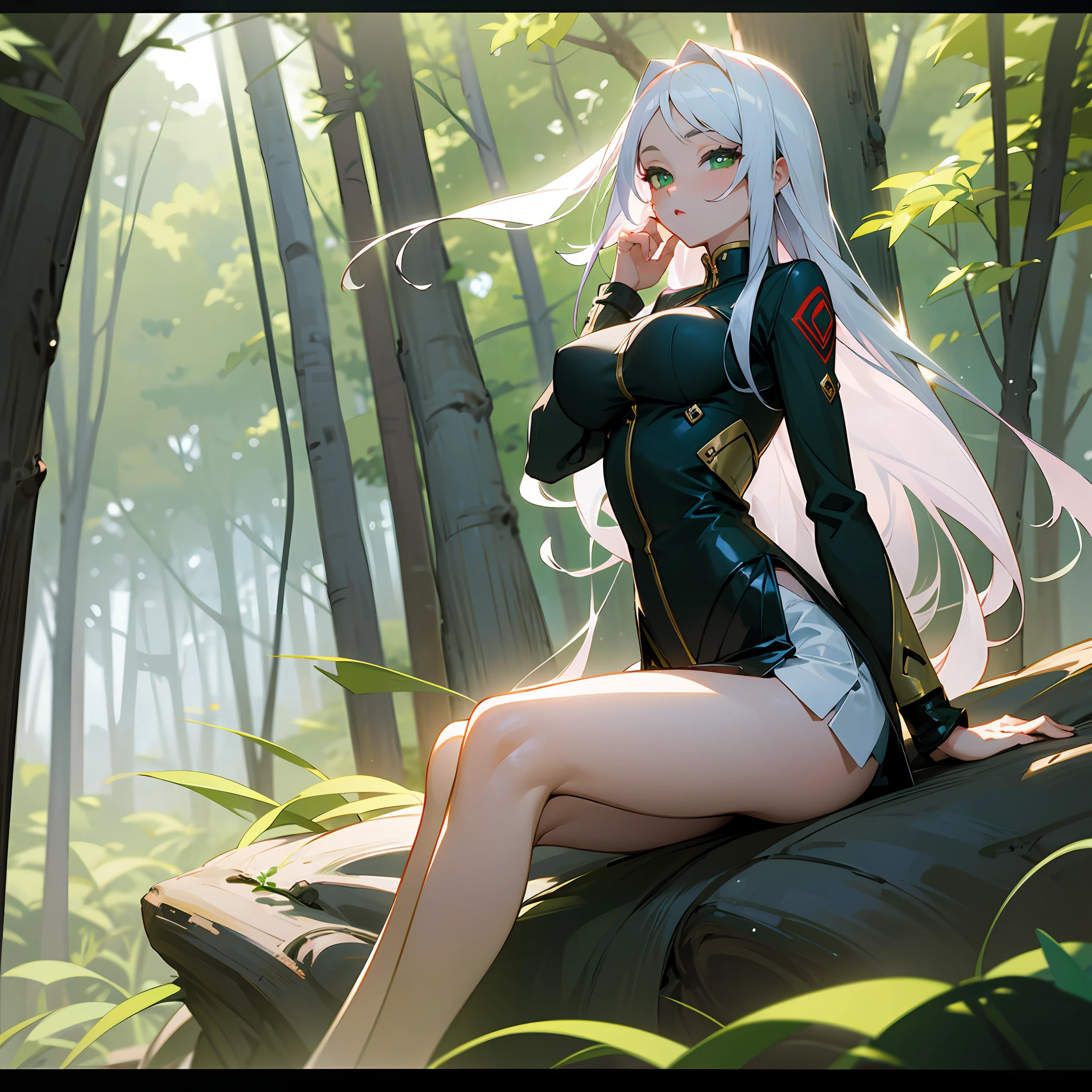 Anime long white hair, short skirt, sexy, sitting in the forest, medium breasts, high definition art, defined green eyes, defined body, big ass --auto