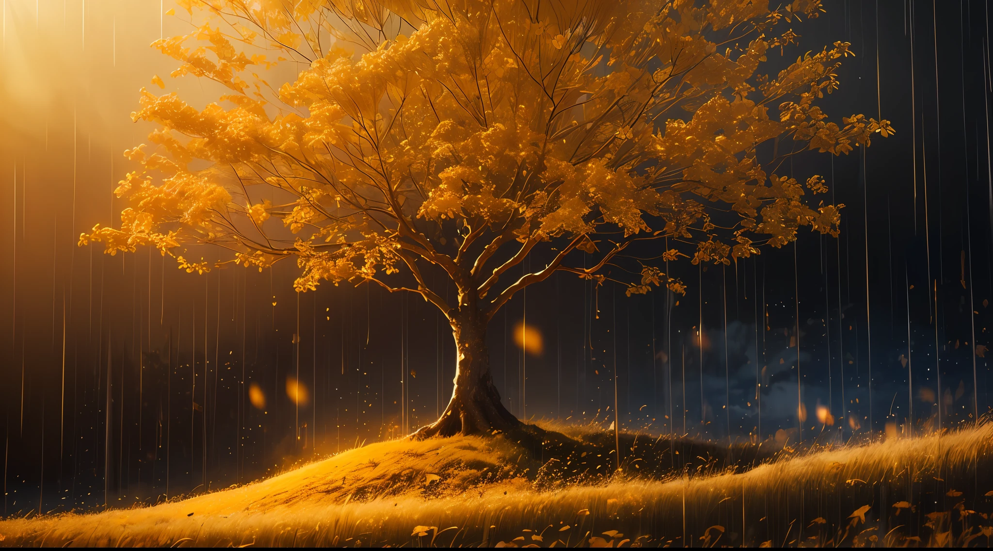 golden tree, golden rain, golden light, gold aura around, golden symbols, lots of golden light, raining a lot of gold.