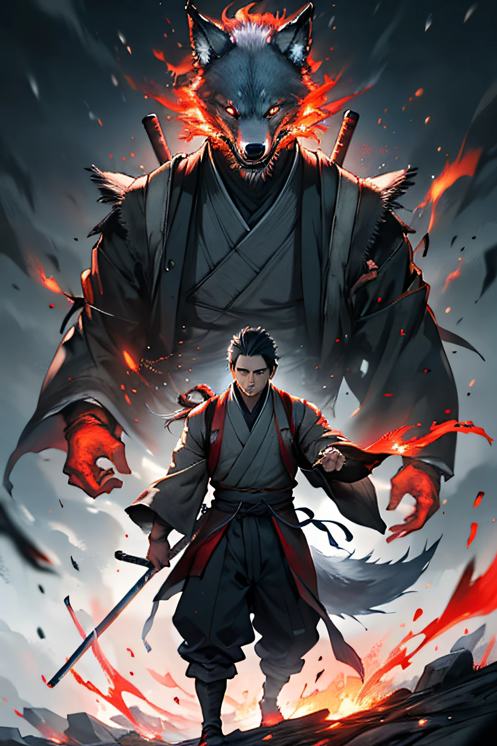 sekiro, wolf, red aura, menazing, horror, anime, fire, shura