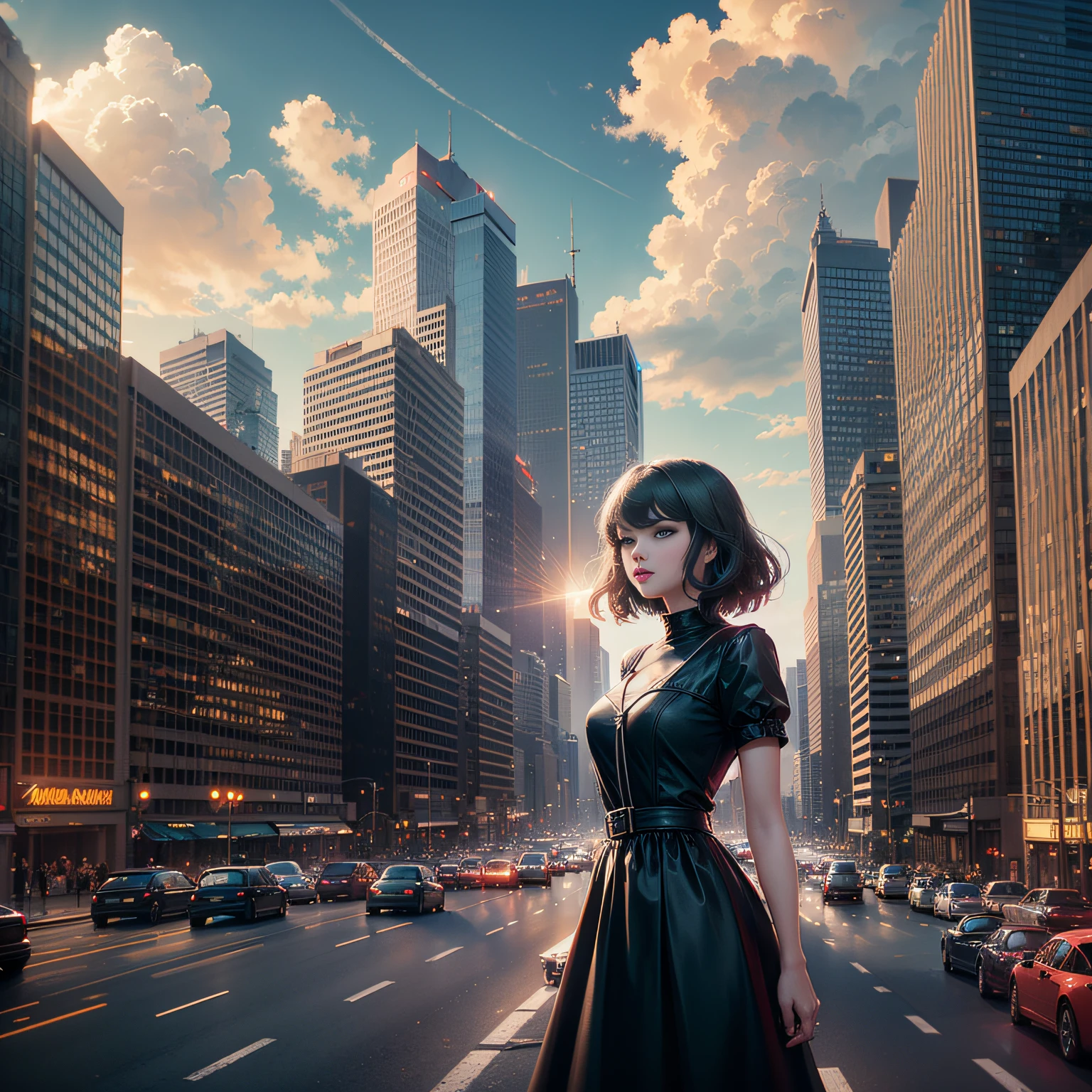 Realistic girl, thin, dress, Beetle, City, Cyberpunk --auto
