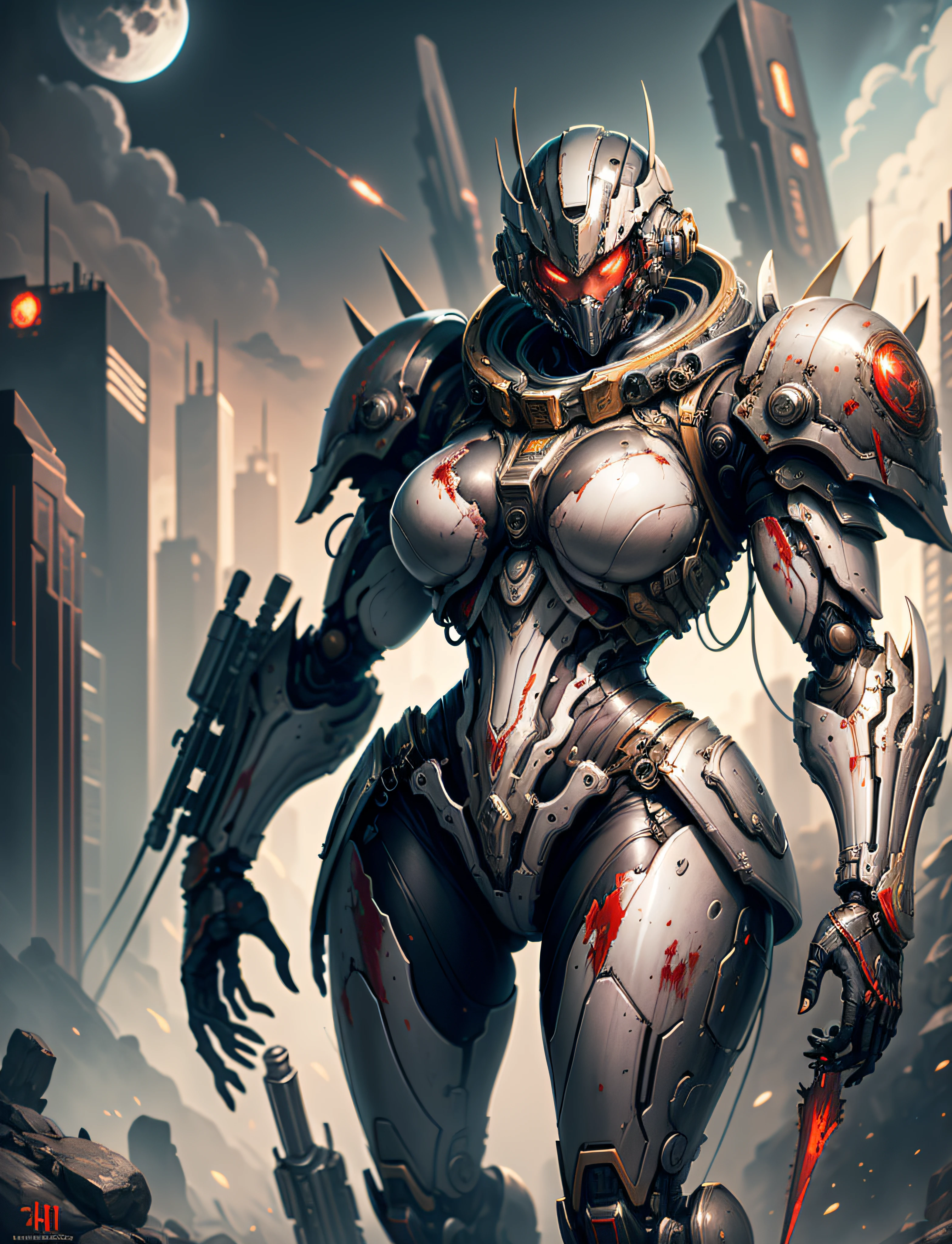 Space Marine, Harhammer 40,000, World at War, Beautiful Cyberpunk Woman with Very Detailed Mecha Treatment, Vibrant Colors, Metallic Red, Bloodstained, With Sky With Clouds And Full Moon, Full Body With Detailed Armor,