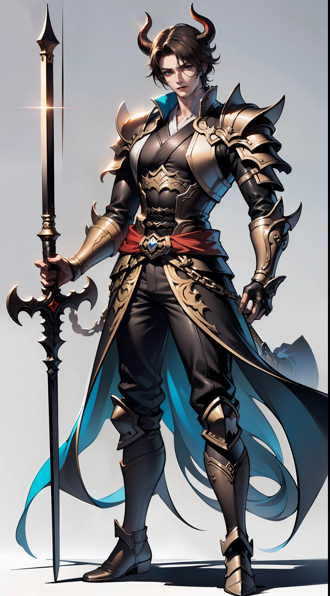 1 handsome man holding sword, dragon horns, resolute eyes, full body, white background, xianxia, hanfu, armor, high detail, sketch, denoising, cinematic grade, white background, super high resolution, best shadow, sharp focus, masterpiece, (very detailed CG unified 8k wallpaper)