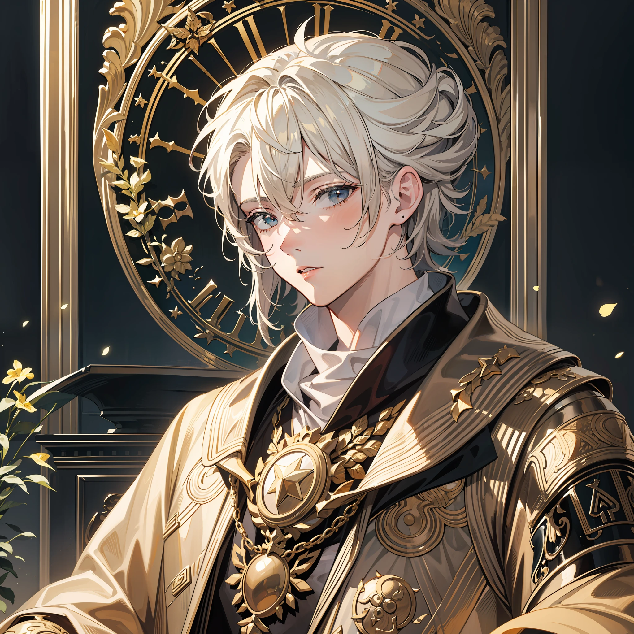 The painting style is retro, boy, male god, cold, exquisite, high-definition, beautiful lines, gorgeous, throne