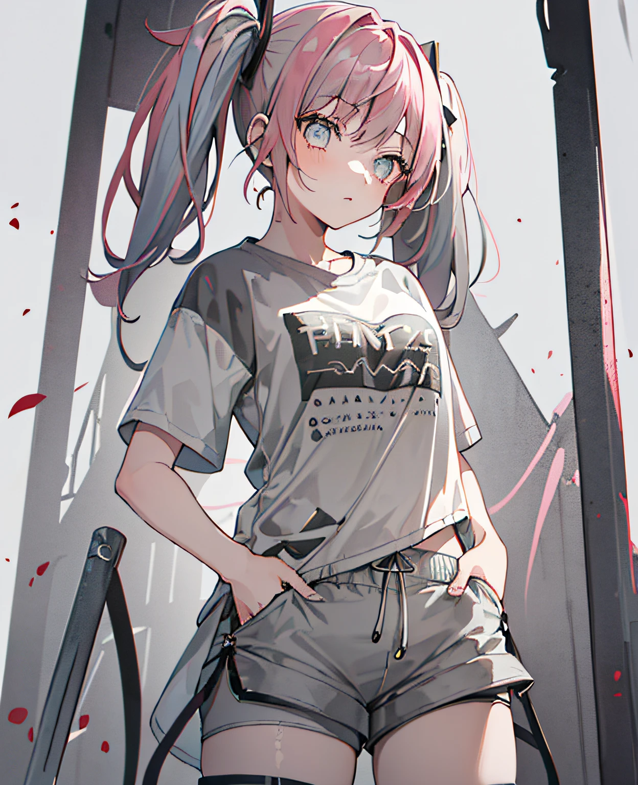 (Top Quality, Masterpiece), ((((1 girl))))), (Female-centered), ((Twin Tails)), (Pink hair)))(((Parker)), Standing, White Background, ((((Gray Shorts))))), (((Beautiful Eyes))