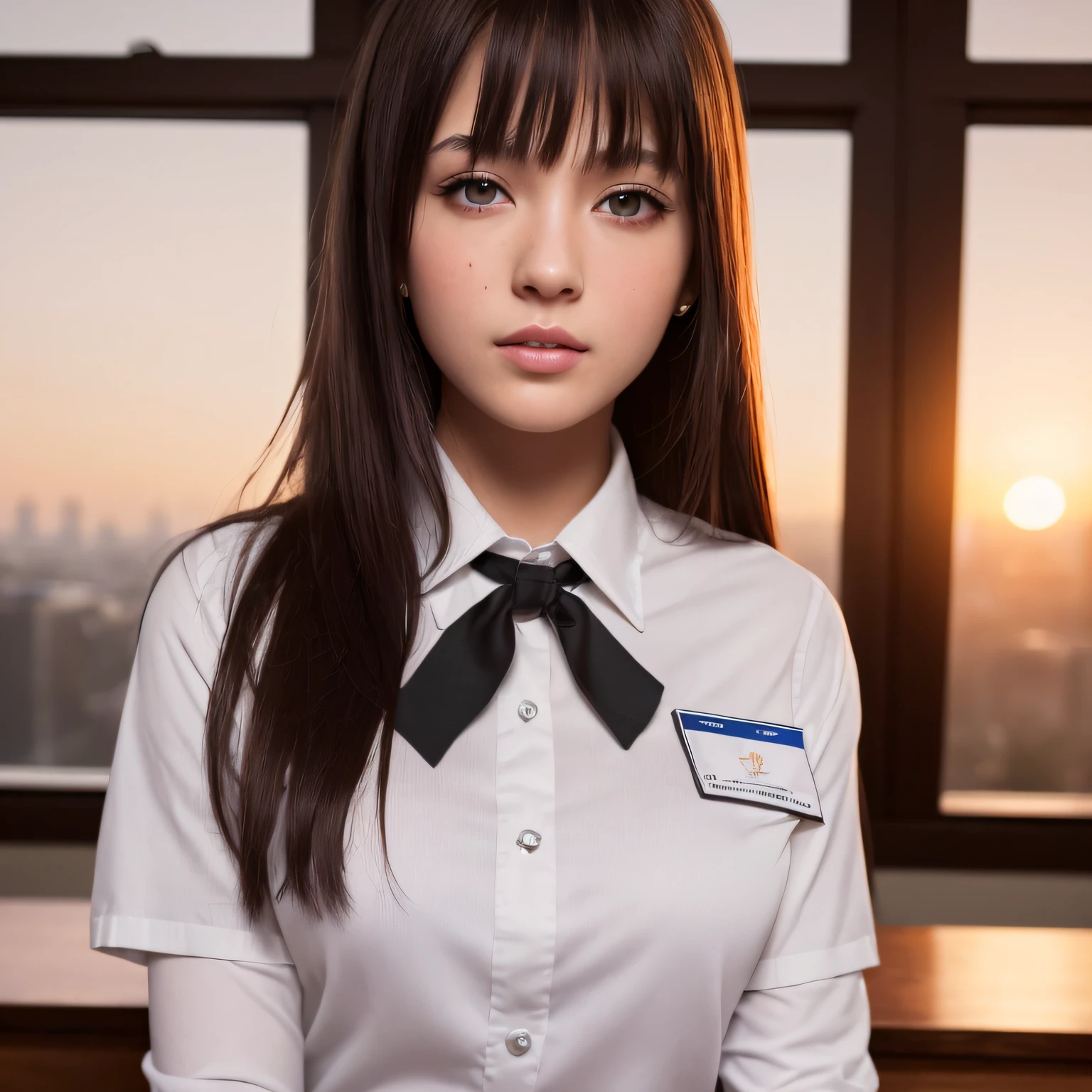 (8k, RAW photo, ultra high res, best quality, masterpiece:1.2), (realistic, photo realistic:1.3), (extremely detailed CG unity 8k wallpaper), absurdres, incredibly absurdres, an extremely delicate and beautiful, extremely detailed eyes and face and skin, professional lighting, physically-based rendering, (a professional photo of girl), perfect anatomy, sharp focus,
BREAK
solo, 1 girl, 17 year old, (ukraine actress), shiny (dark brown) medium straight hair, symmetrical clear (black) eyes, perfect figure:1.5, laugh:1.5, smile:1.5, looking at viewer,
BREAK
from front, sitting, (rest on student desk:1.5), wearing insanely detailed (school uniform:1.5), loose necktie, (at classroom, japanese high school, 6 pm, sunset city view from the window:1.5),
unbuttoned --auto