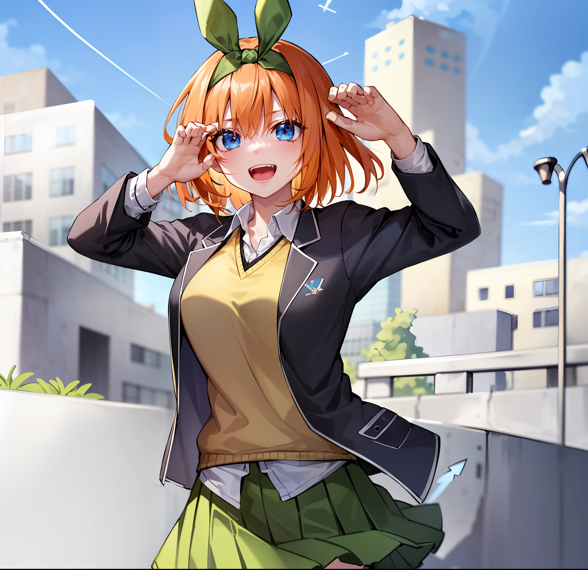 Masterpiece, Max Quality, Anime, Very Detailed, 1GIRL, Solo、、、、、、、、、、、、、, Full Body, Witty and Beautiful Facial Features, Embroidery Patterns, Dynamic Pose, ICBM, Detailed Details, Fashion, Cinematic Light, Detailed Clothing Texture, Game CG, Bright Art Style, (((Real Shadow)), Smile, Bright Background, Blurry background, witty and beautiful facial features, embroidery patterns, dynamic poses, ICBM, detailed details, fashion, cinematic lights, detailed clothing textures, game CG, bright art style, real shadows, ((Wind of the bride in the quintary)), ((Nakano Yotsuba)), green ribbon headband with wire, green rabbit ear,solo,bob cut, school uniform,orange hair, blue eyes ,green skirt,black jacket, yellow sweater, open jacket,school、{{masterpiece}}、{{highest quality}}、{{high quality}}、{{exquisite}}、{{beautiful}}、}、{{high resolution}}、{{absurd}}、{{detail}}、{{ Very Detailed}},{{Insanely Detailed}},{{Ultra High Resolution}}、{{Detailed Eyes}}、{{Hyper Detailed Eyes}}、{{Detailed Face}},From Top,Girl in the Center,Tousled Hair,((Blue Sky)),Hands Stretched Out Towards You,Outdoor,((Cloud)),(Contrail)),((Lawn)),