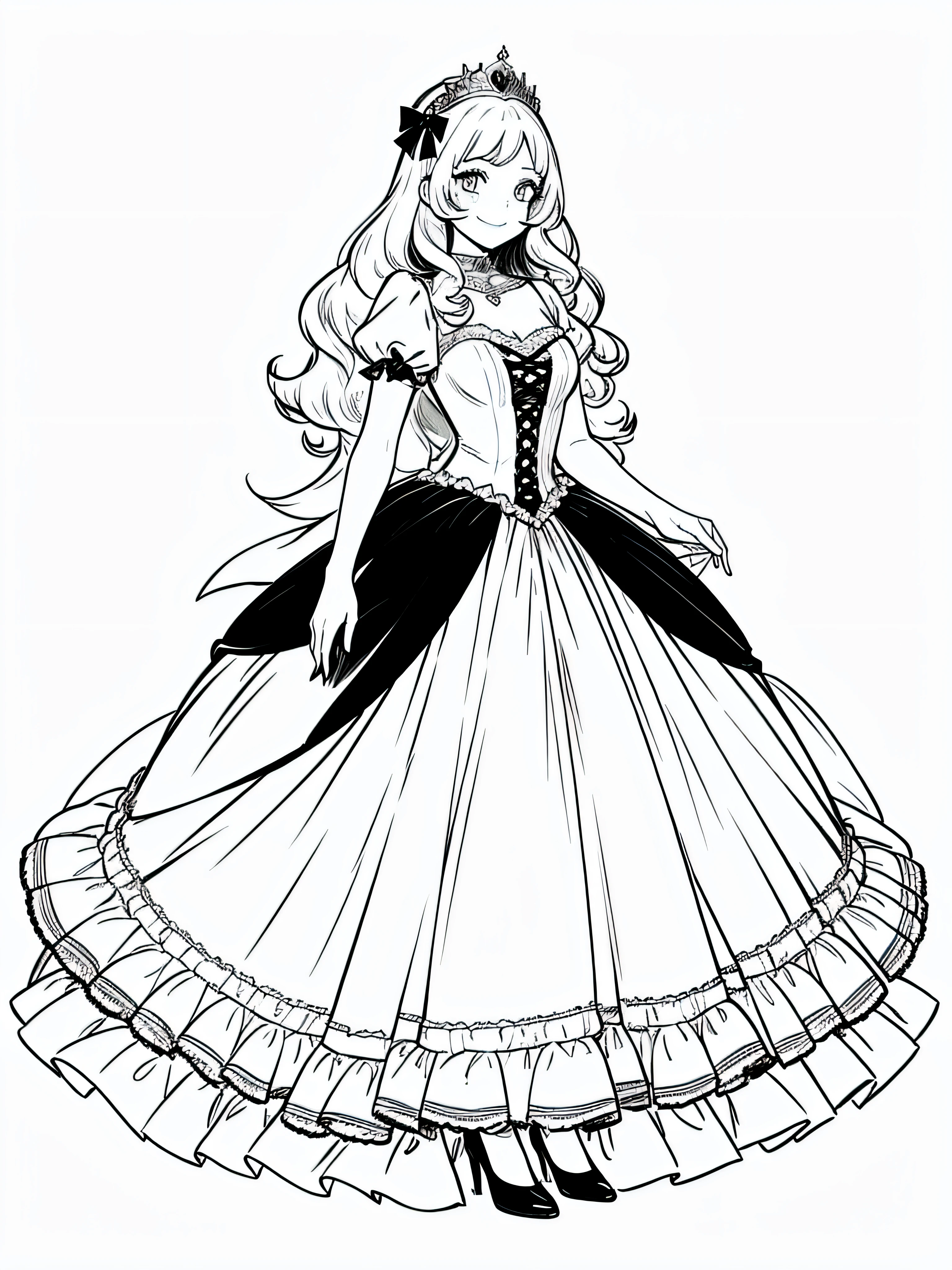 Black line, monochrome, white background, (simple background: 1.2), a drawing of a princess in a Crinoline dress, full body, long curly hair, smile, details, masterpiece,