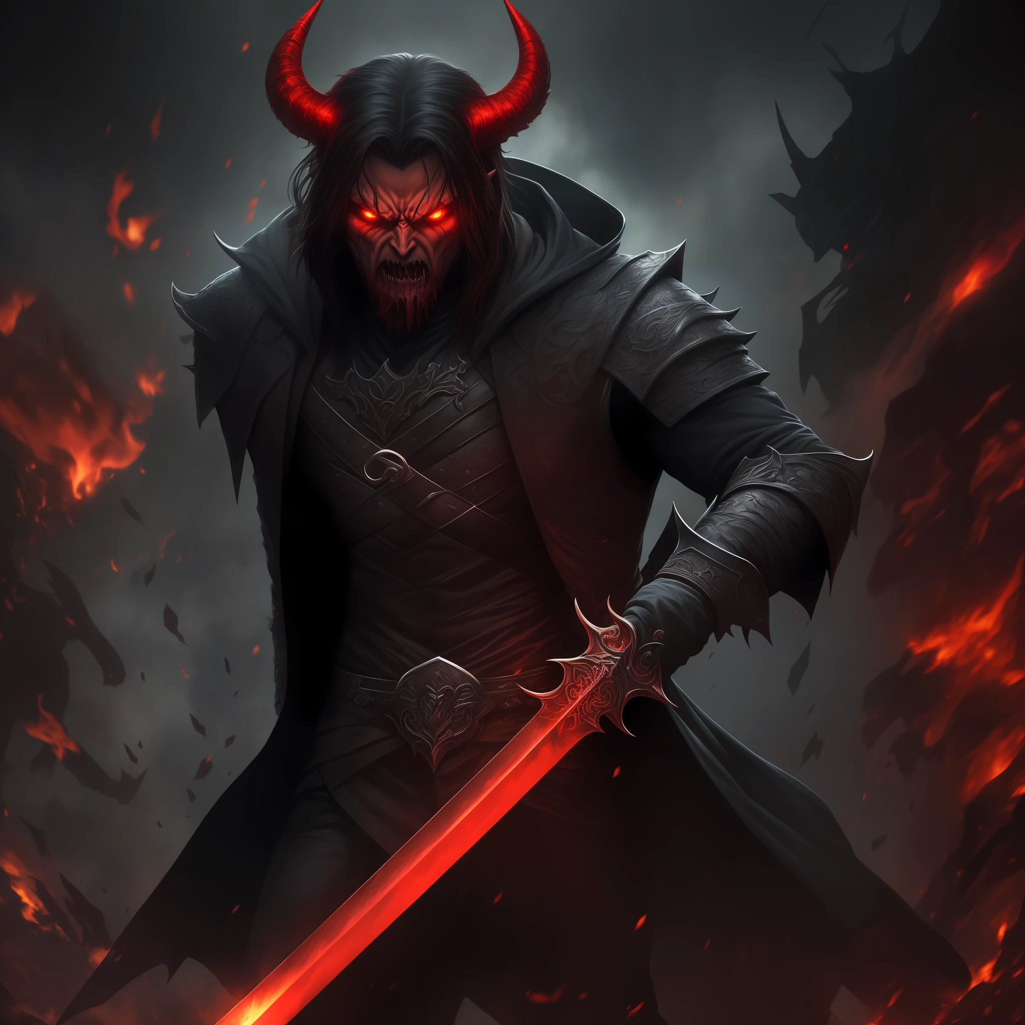 (extremely detailed 8k wallpaper), a photo of a man, Medi-Human Demon, Menacing appearance, demonic horns, red eyes, skin with a reddish tint, messy black hair, wearing dark clothes and holding a hellish long sword.