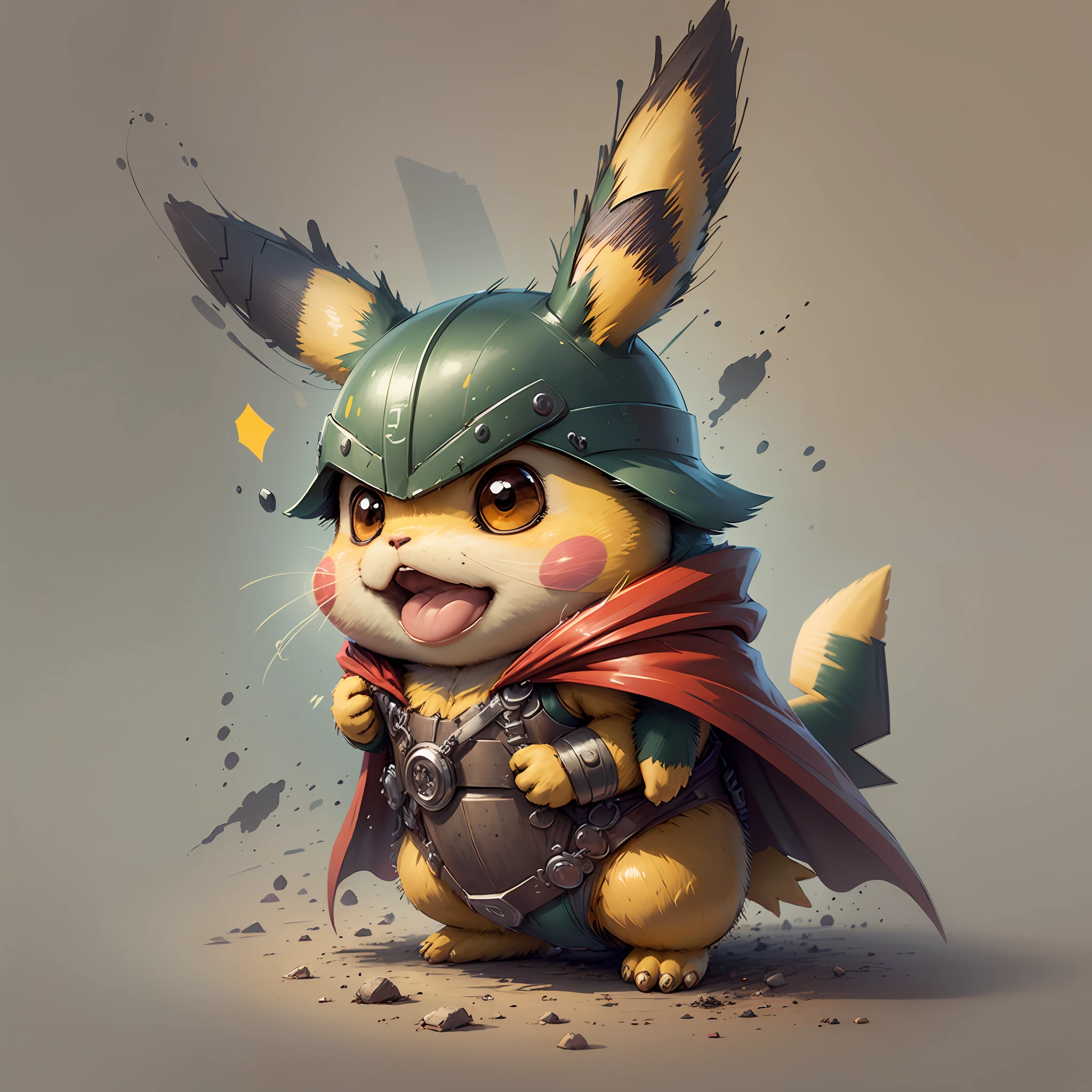 Start with a basic sketch of Pikachu, with a Thor hammer in one hand and wearing a red cape with gold accents.

Add some Thor features such as a helmet with wings and boots with metal details to add a more authentic touch to the character.

To give Pikachu a fluffy touch, overdo the dimensions of his head and ears and add rosy cheeks.

Use vibrant, cheerful colors to bring your drawing to life, with shadows and highlights that create depth and texture.

Add a suitable background to the drawing, such as a scenario that shows Pikachu in action or a simple background that doesn't distract the character's attention.

To finish, add some clean and crisp lines that highlight the characteristics of the character and add a more "cartoon" touch to the drawing. --auto --s2
