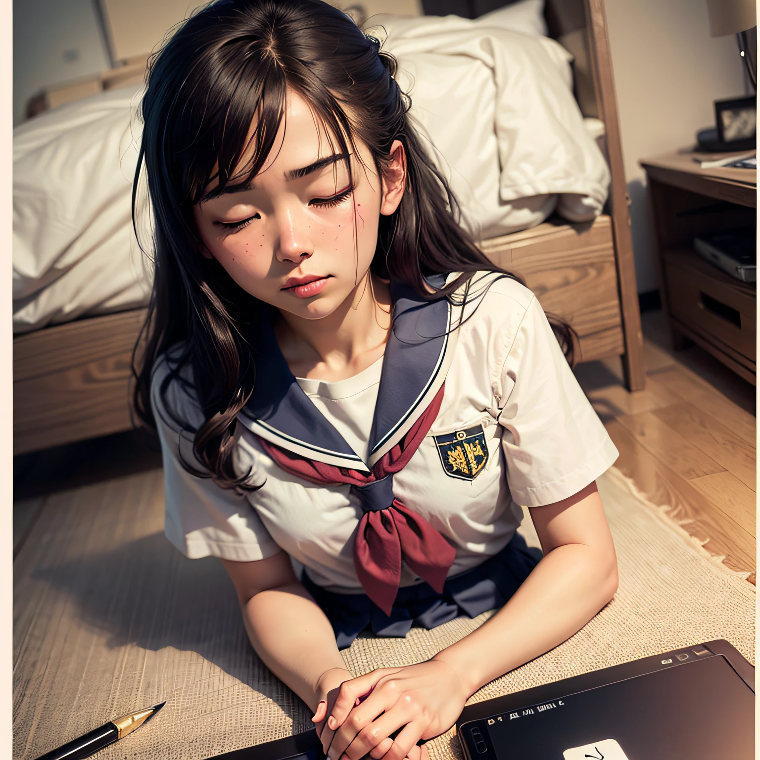 1girl,ちいさい,(((school uniform))),(delicate photograph1.3),hyper detailed,(masterpiece:1),(best quality:1.4),(ultra highres:1.2),(photorealistic:1.4),(8k, RAW photo:1.2),(sharp focus:1.3),white socks,brown hair,realistic,nsfw,from above,(embarrassed smile:0.6),(lie down),On the bed,separate legs,nice hands,perfect hands,cowboy shot,I'm sleeping deeply,Closed eyes,すこしみえ, --auto