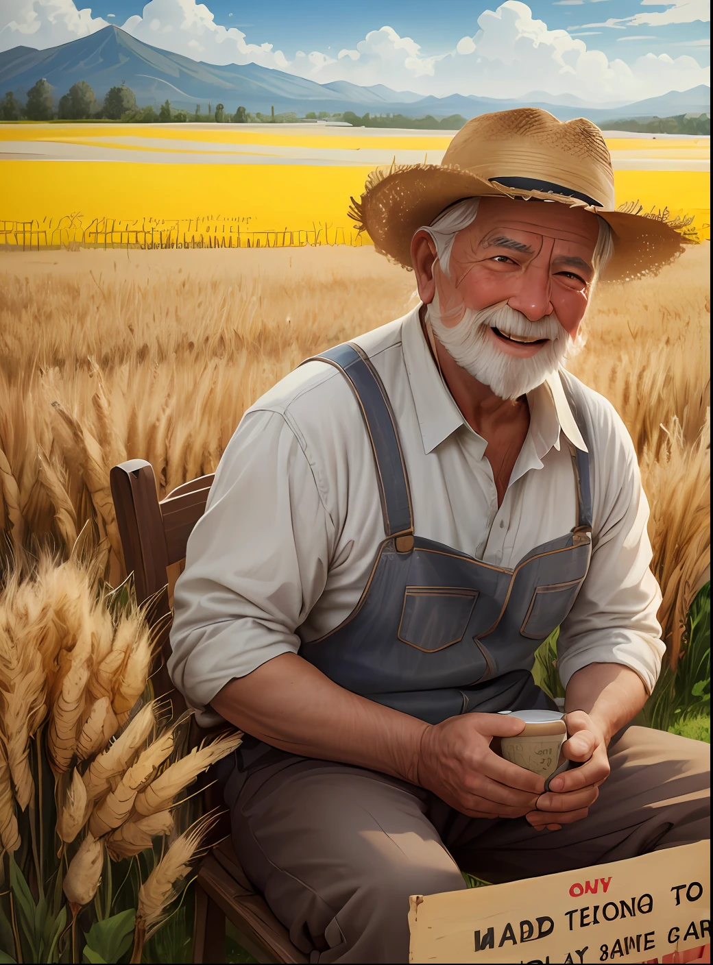 An old man in a hat, in good spirits and with a white beard, sat on a stool, his whole body was taken head-on, facing forward.