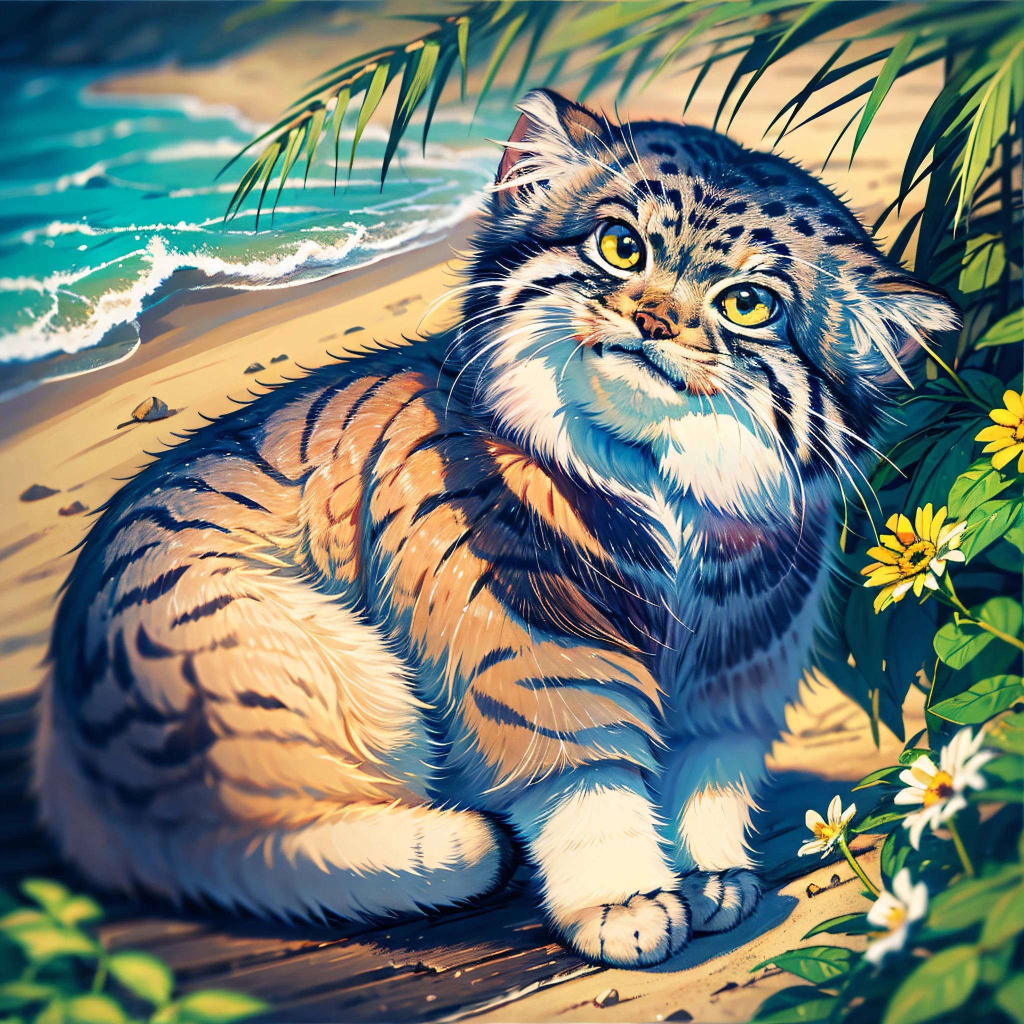 (Masterpiece:1.2), highres, best quality, manul cat, manulcat, tusun, surrounded with colorful flowers, beach and sea background, illustration, colorful, fantastic, hyper details, (delicate detailed), 8K, outdoor,