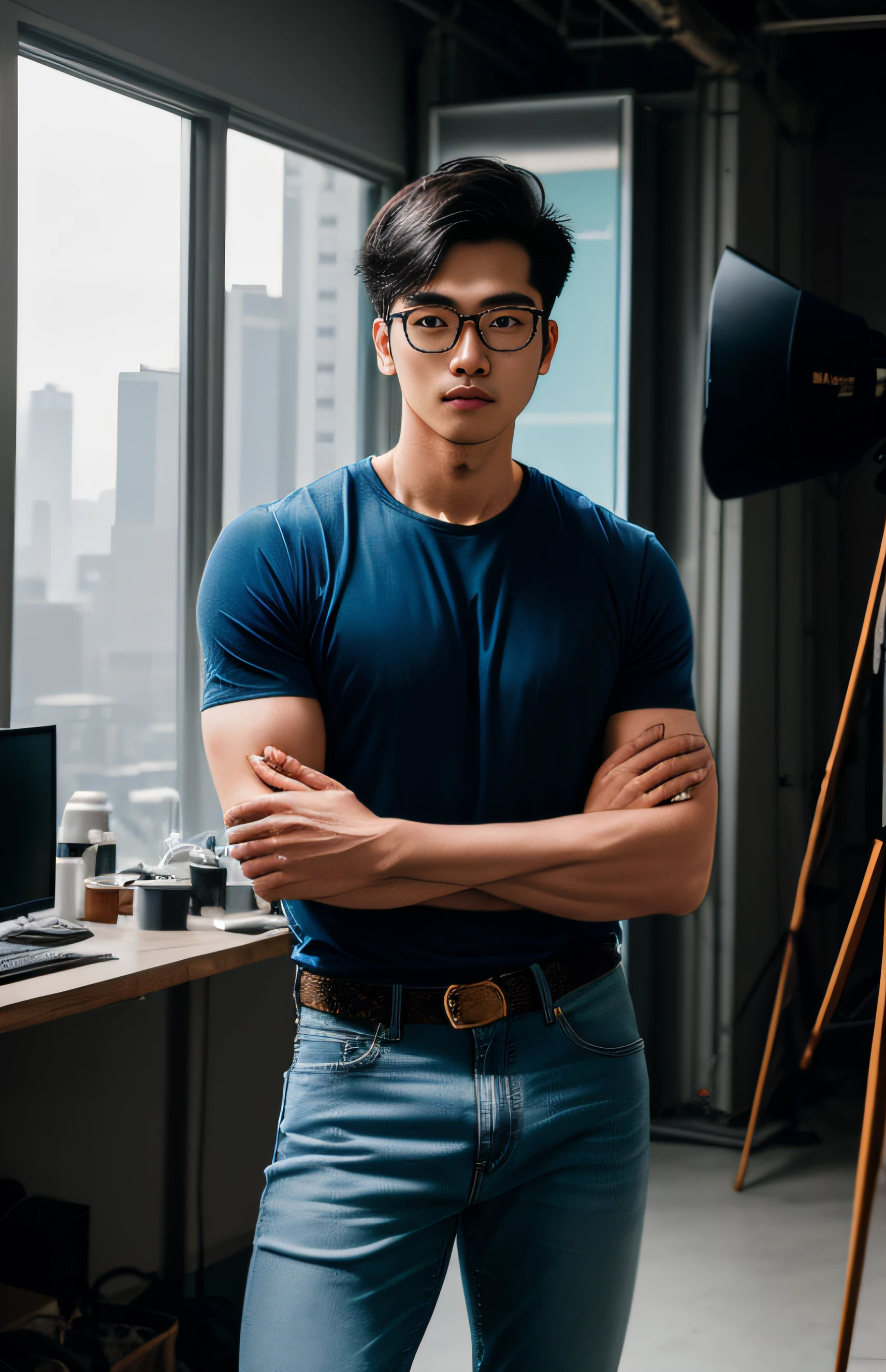 cyberpunk portrait photography, 20 years old Korean,web designer, wear glasses,handsome young man looking off camera, super realistic face, eyes visible through hair, Crew Cut:hair style, proper eye position, natural skin, soft light, rim light, in studio, detailed background, intricate , highly detail, octane render, HD, 8k, by Annie Leibovitz,120mm, shoulder,front view,wearing a Simple bblue shirt and denim jeans,