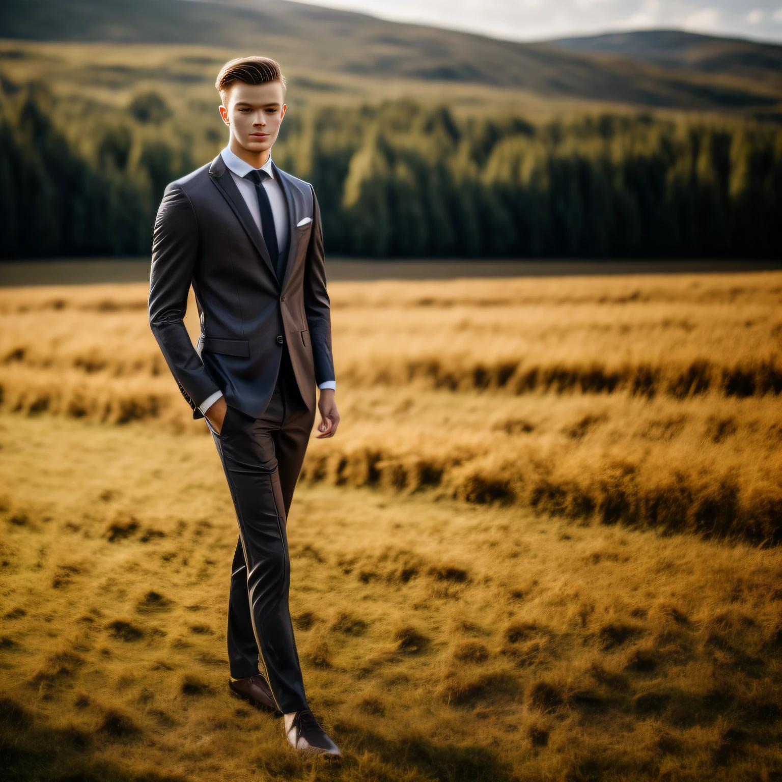 young russian man, model, field, high quality, film grain, Fujifilm XT3, elegant pose