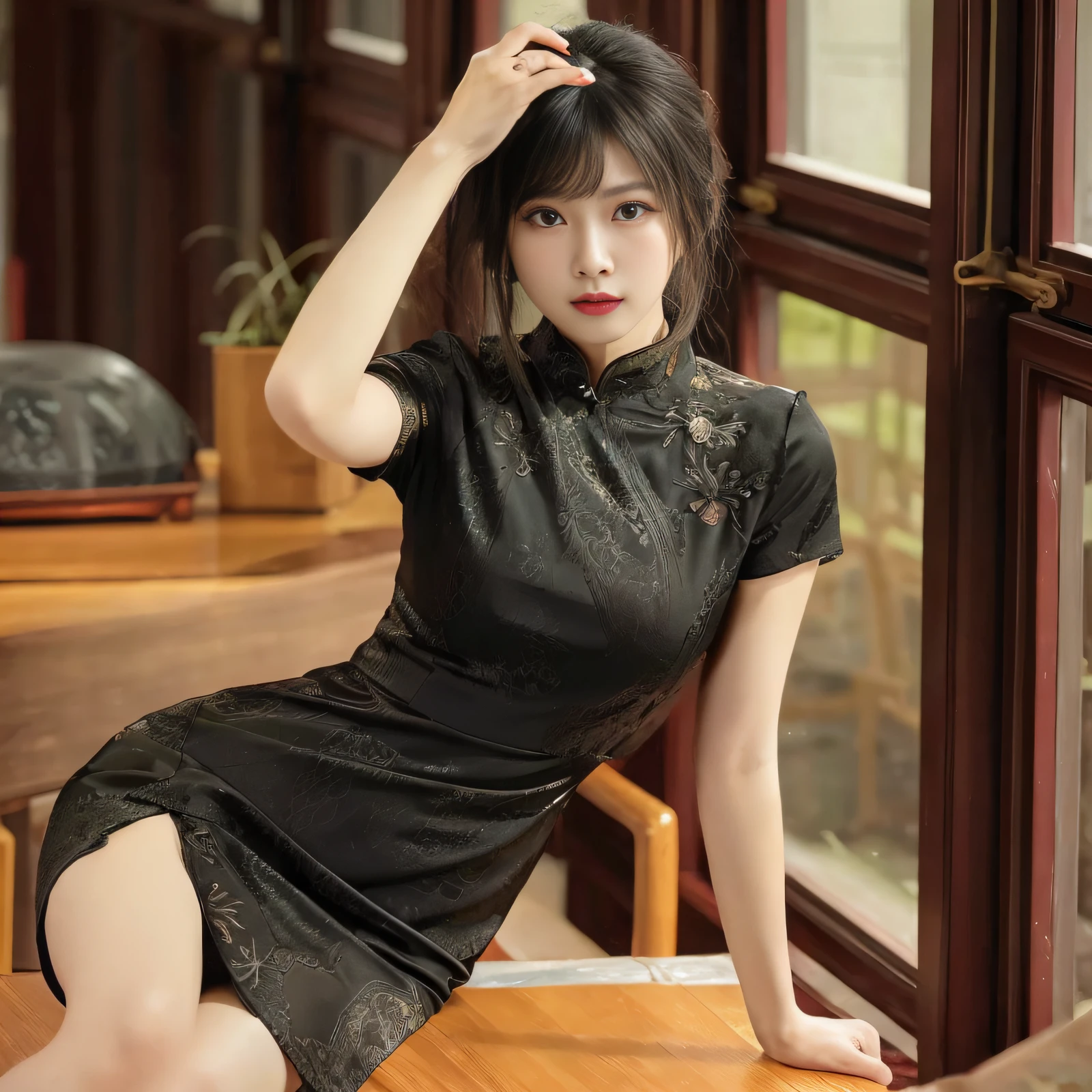 araffe woman in a black dress sitting on a wooden table, cheongsam, chinese dress, chinese style, traditional chinese clothing, black and red silk clothing, she is wearing a black dress, gorgeous chinese model, chinese girl, with acient chinese clothes, elegant dress, traditional chinese, wearing an elegant dress, black dress, gorgeous lady, chinese woman