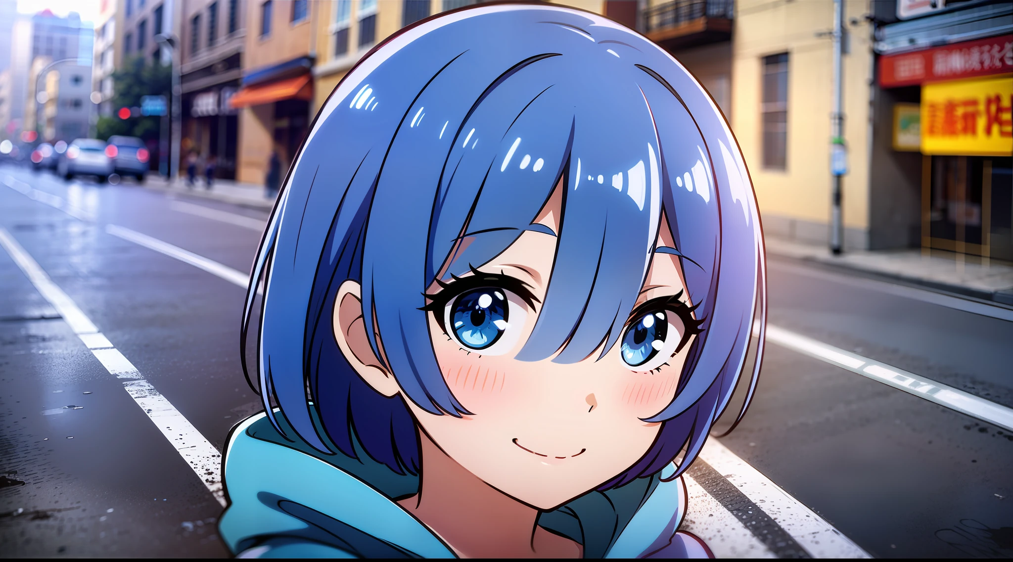 Masterpiece, rem rezero, blue eyes, happy face, blue hoodie, middle of the street, close up, portrait,