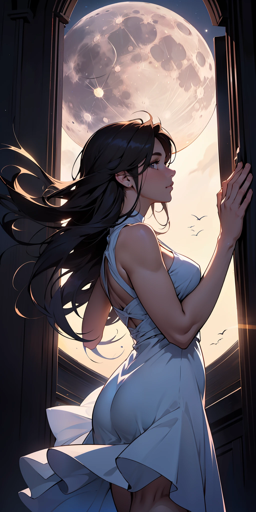 Best possible quality, (ultra resolution 8k),the most beautiful girl, the most beautiful, long hair moved by the wind, serene look,((looking at the moon)),((looking at the sky)), beautiful profile looking through the window,full moon,sky, silk dress.in motion