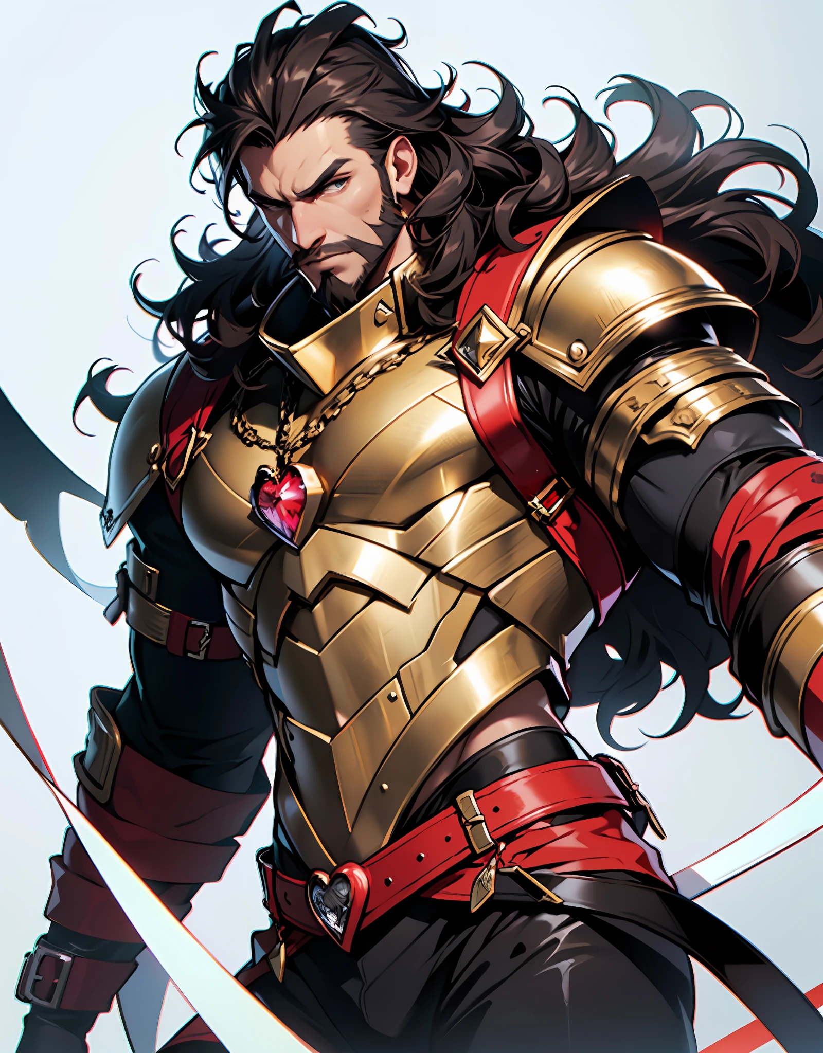 full-length, a ruggedly handsome king in a sexy revealinroyal outfit, nice and perfect face, serious expression, golden crown, curly hair, black beard, (holding a heart-shaped red crystal:1.2), skin texture, highly detailed, anime style, 2d illustration, done in corel painter X, vibrant colors, composite lighting, professional shading, (white background:1.5), (blank background:1.5), masculine shapes, manly, dynamic angle, sharp and crisp image, high quality textures, natural proportions