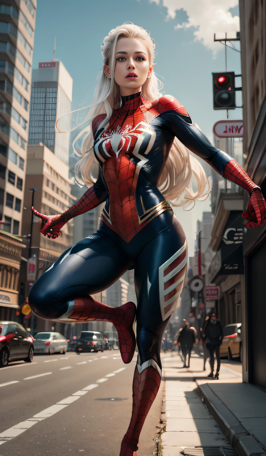 4k, realistic, carismatic, very detail, there is a girl on top city, wearing spiderman costum, she is a spiderman, white super hero theme, white long hair, 25 years old, full body