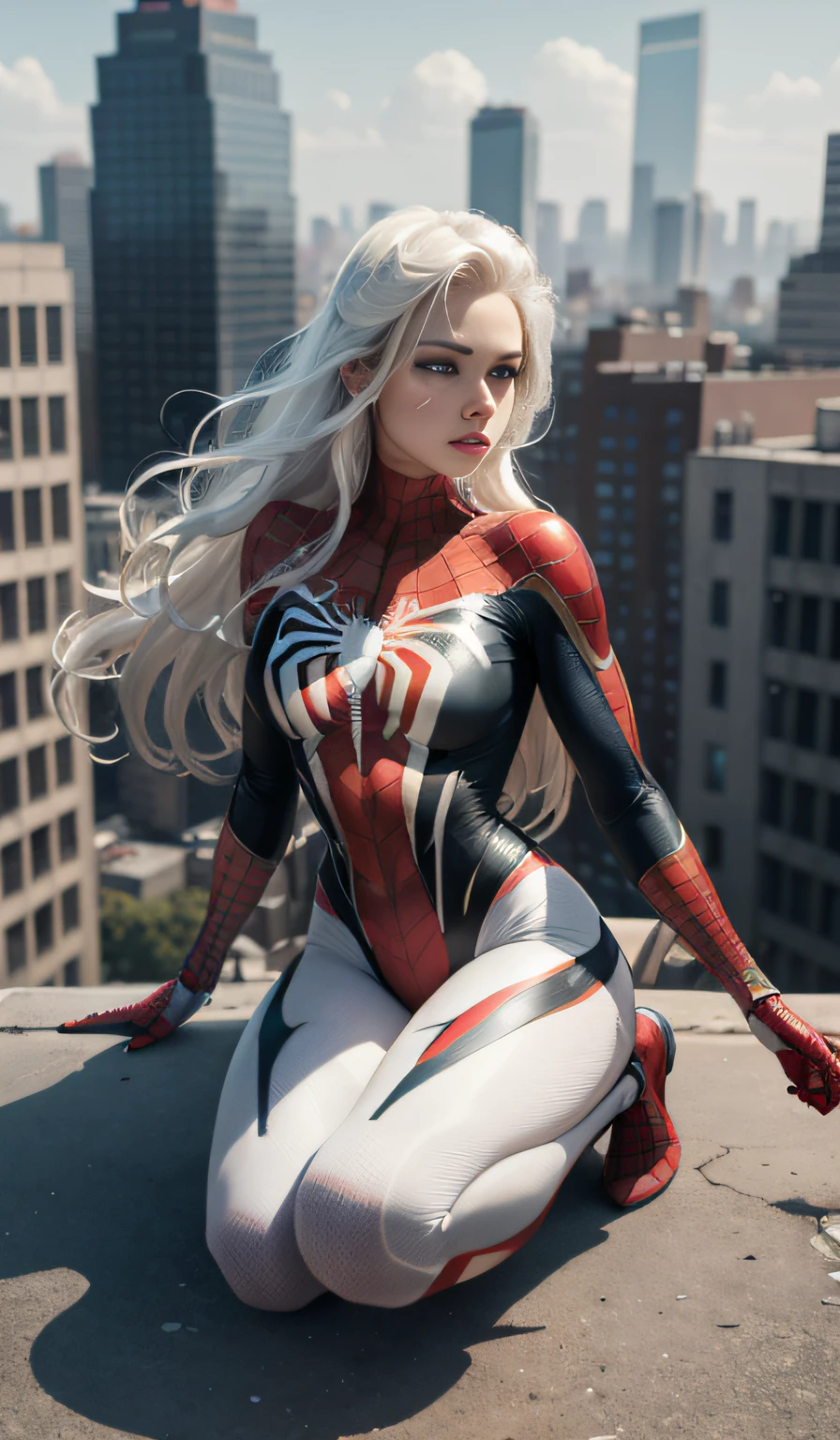 4k, realistic, carismatic, very detail, there is a girl on top city, wearing spiderman costum, she is a spiderman, white super hero theme, white long hair, 25 years old, full body