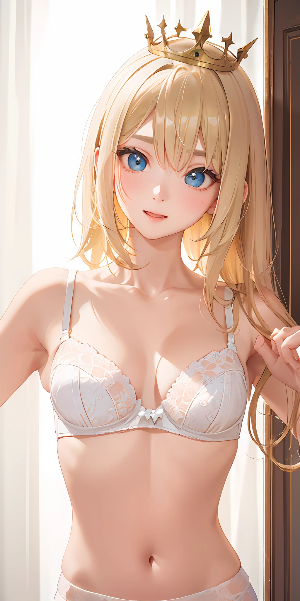(Real: 1.4), (Masterpiece, Sidelights, Fine Beautiful Eyes: 1.2), Masterpiece*Portrait、、、、, Realistic, 3D Face, Glistening Eyes, Glossy Hair, Skin Falling Out, Solo、、、、, Embarrassing, (Epigastric), White Underwear, Blonde Hair, (Princess)