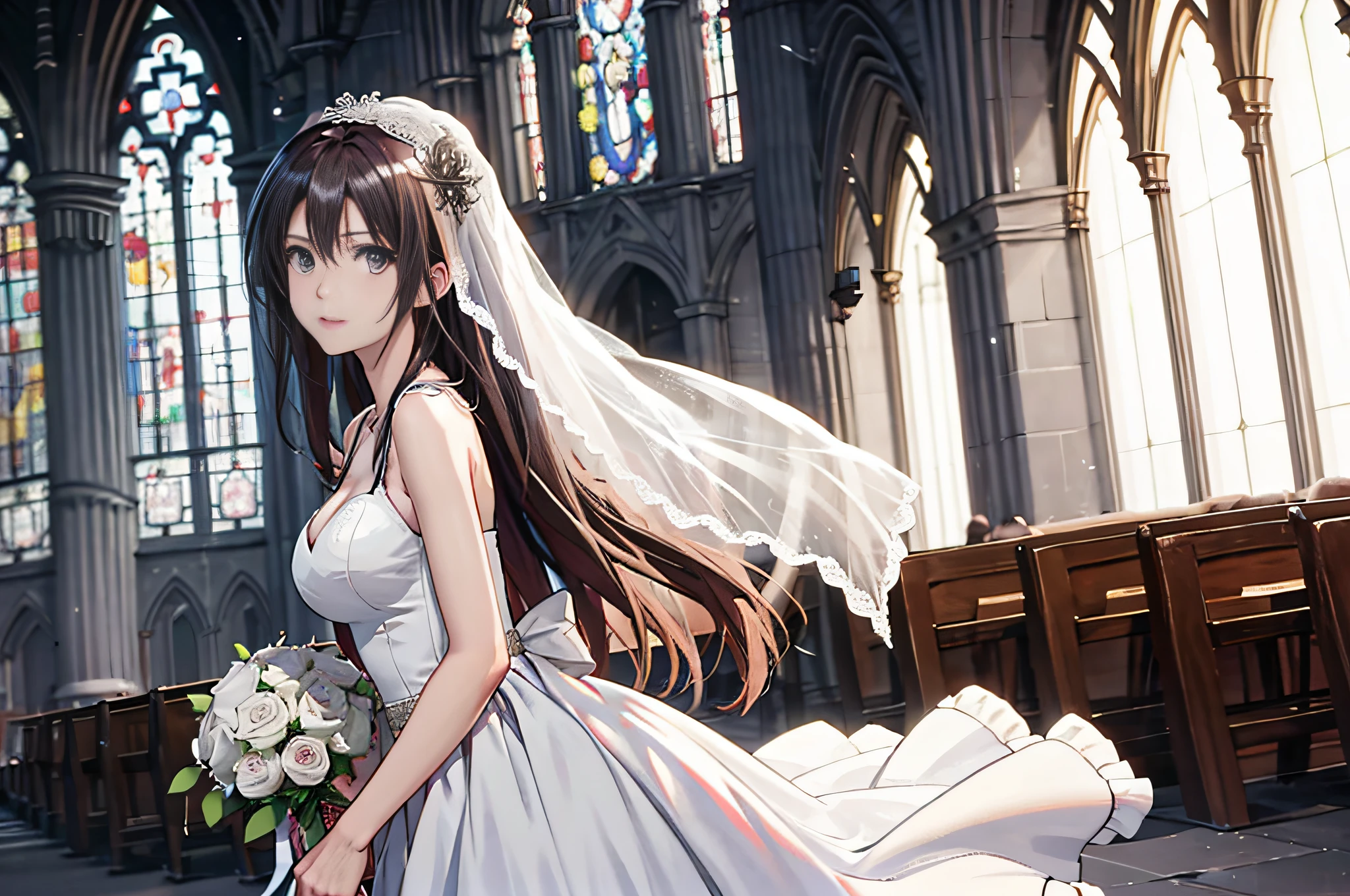 Anime - style image of the bride in wedding dress in the church, big breasts, cleavage, Kusart Krenz key art feminization, Guvez on Pixiv art station, best anime 4K Konachan wallpaper, Guviz on ArtStation Pixiv, Trends on ArtStation Pixiv, epic light novel art cover, 8K high quality detail art, night core, medium boobs