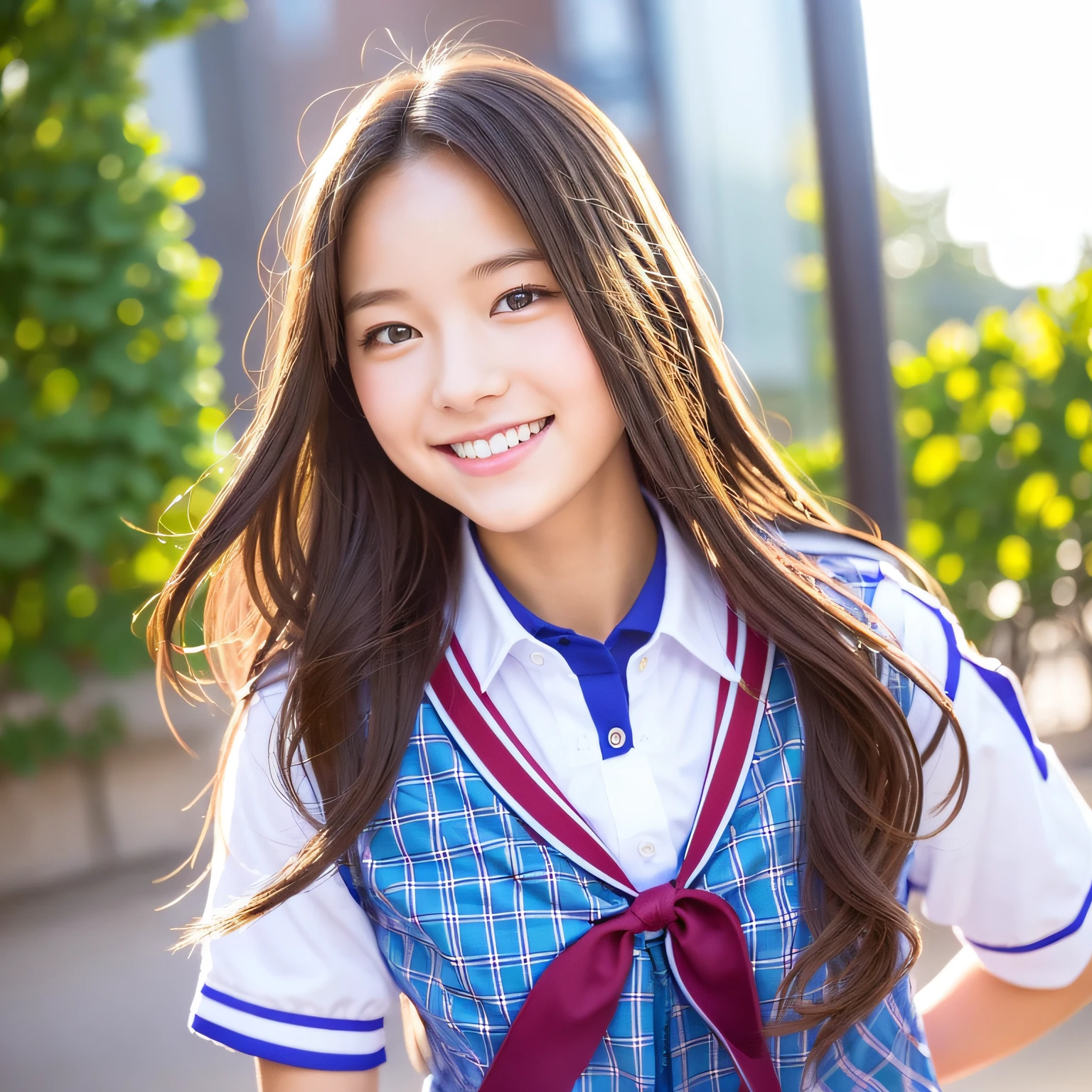 Capture a charming high school girl in her uniform, radiating innocence and youth. She should have a bright smile that lights up her face, her eyes sparkling with curiosity. The medium should be photorealistic digital art, with a style reminiscent of Japanese anime, but with a touch of realism. The lighting should be soft and natural, as if she's standing near a window with the morning sunlight streaming in. The colors should be vibrant yet soft, with a focus on pastels. The composition should be a medium shot, taken with a virtual Canon EOS 5D Mark IV DSLR camera, EF 50mm f/1.8 STM lens, resolution 30.4 megapixels, ISO sensitivity: 100, Shutter speed 1/125 second. --ar 16:9 --v 5.1 --style raw --q 2 --s 750 --auto