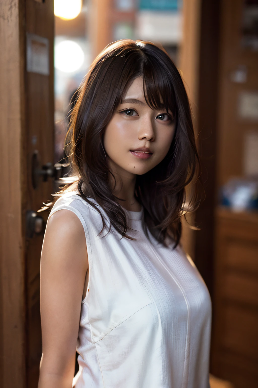 (8k, RAW photo, top quality, masterpiece: 1.2), (realistic, photorealistic: 1.37), super detail, ultra high resolution, one girl, beholder, beautiful detailed face, smile, constriction, (slim waist): 1.3), shirt, beautiful detailed skin, skin texture, floating hair, professional lighting, big breasts, kind eyes, white sleeveless, peering,sexy
