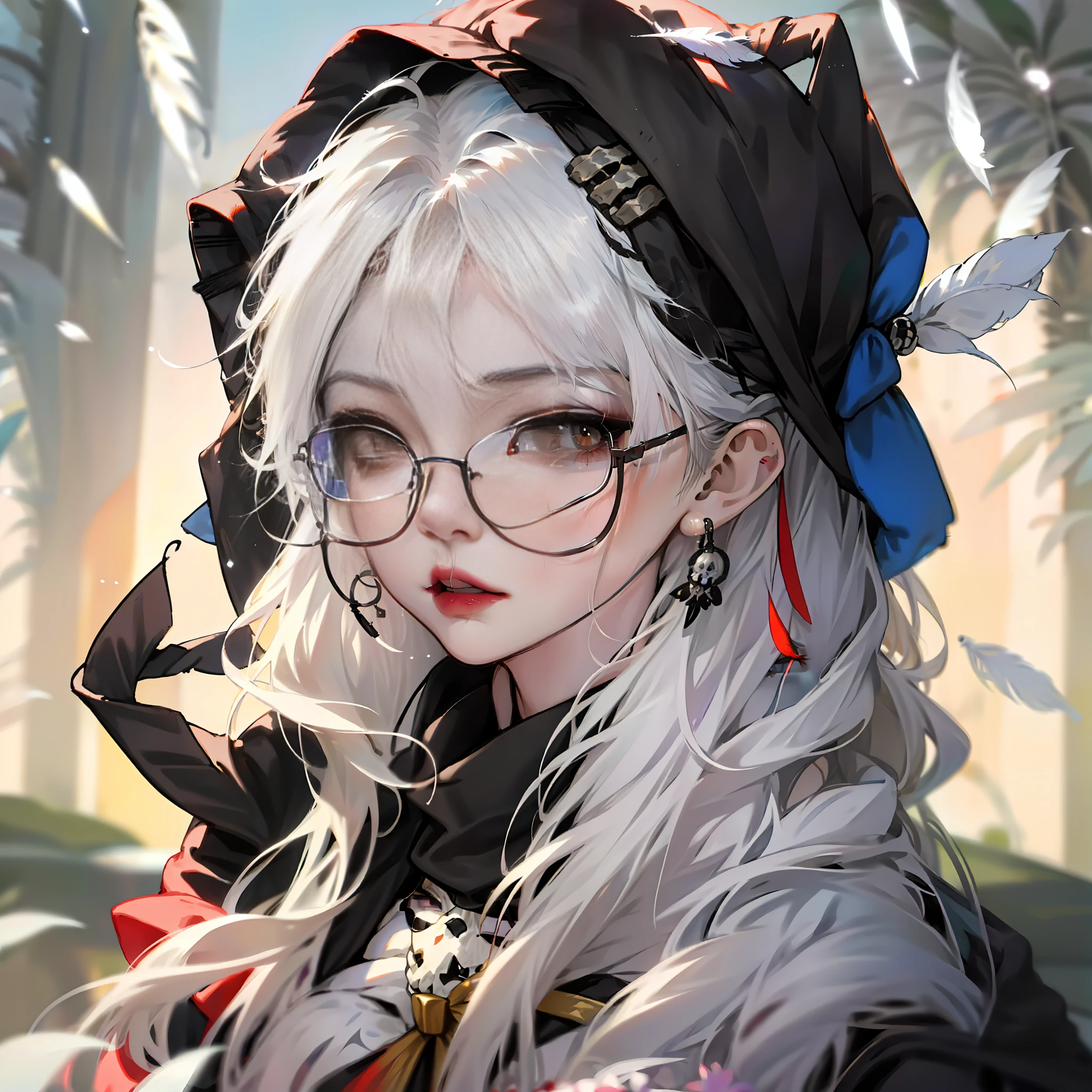 A female with the image of the Grim Reaper, gray hair, French braids, hair between the eyes, hood, ribbon, rimless glasses, mask removal, hood up, feather ornaments, skull hair ornaments, mismatched pupils, shut up, serious, high detail, anime style, textured skin, high detail, high detail, high quality, full body