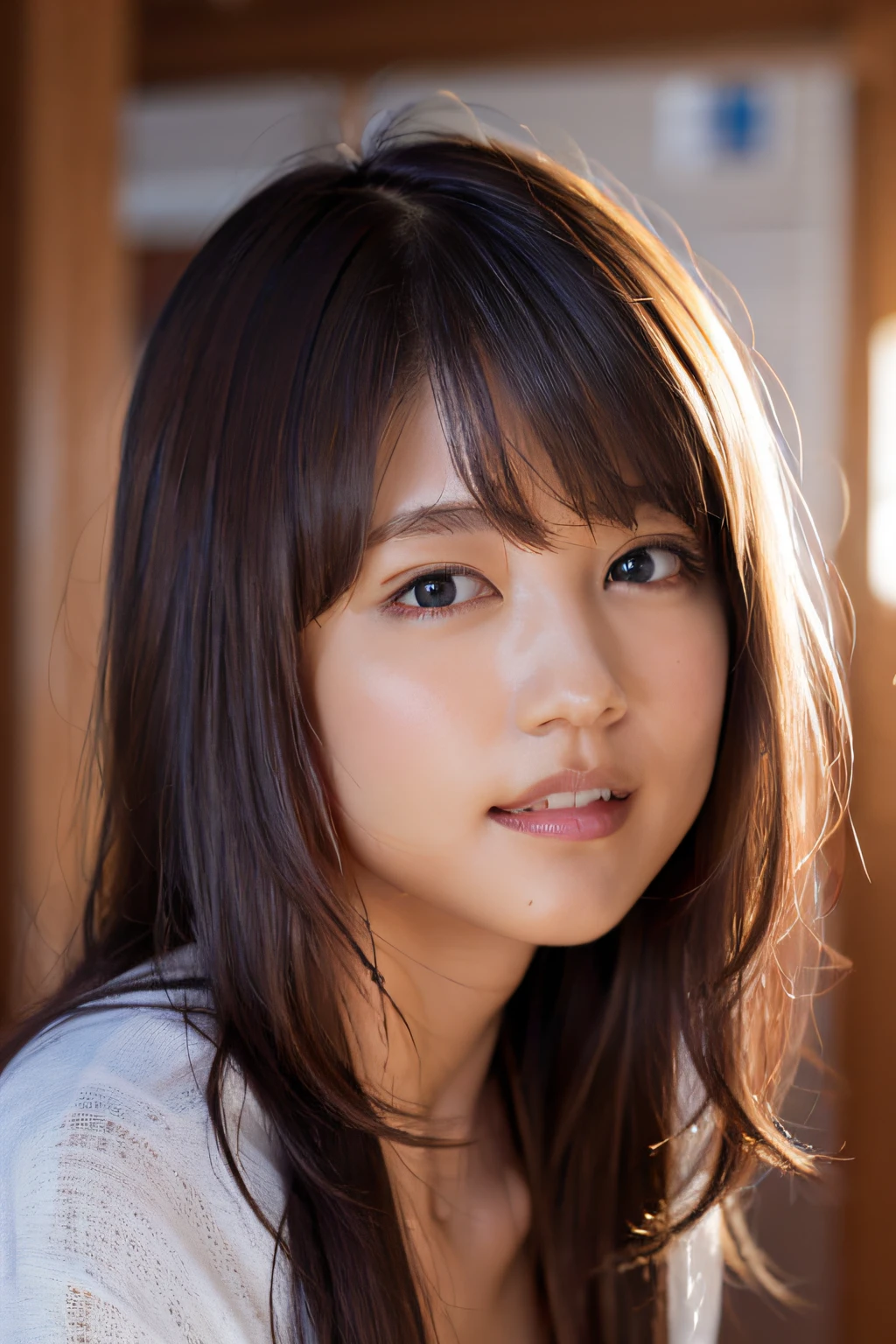 (8k, RAW photo, top quality, masterpiece: 1.2), (realistic, photorealistic: 1.37), super detail, ultra high resolution, one girl, beholder, beautiful detailed face, smile, constriction, (slim waist): 1.3), shirt, beautiful detailed skin, skin texture, floating hair, professional lighting, big breasts, kind eyes, white sleeveless, peering,sexy