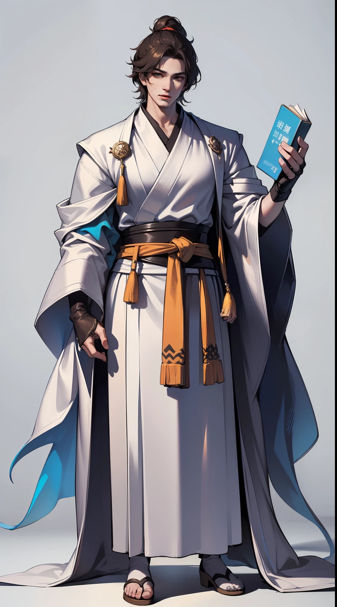 1 handsome man holding a book, gentle eyes, full body, white background, xianxia, hanfu, monk robe, high detail, sketch, denoising, cinematic grade, white background, super high resolution, best shadow, sharp focus, masterpiece, (very detailed CG unified 8k wallpaper)