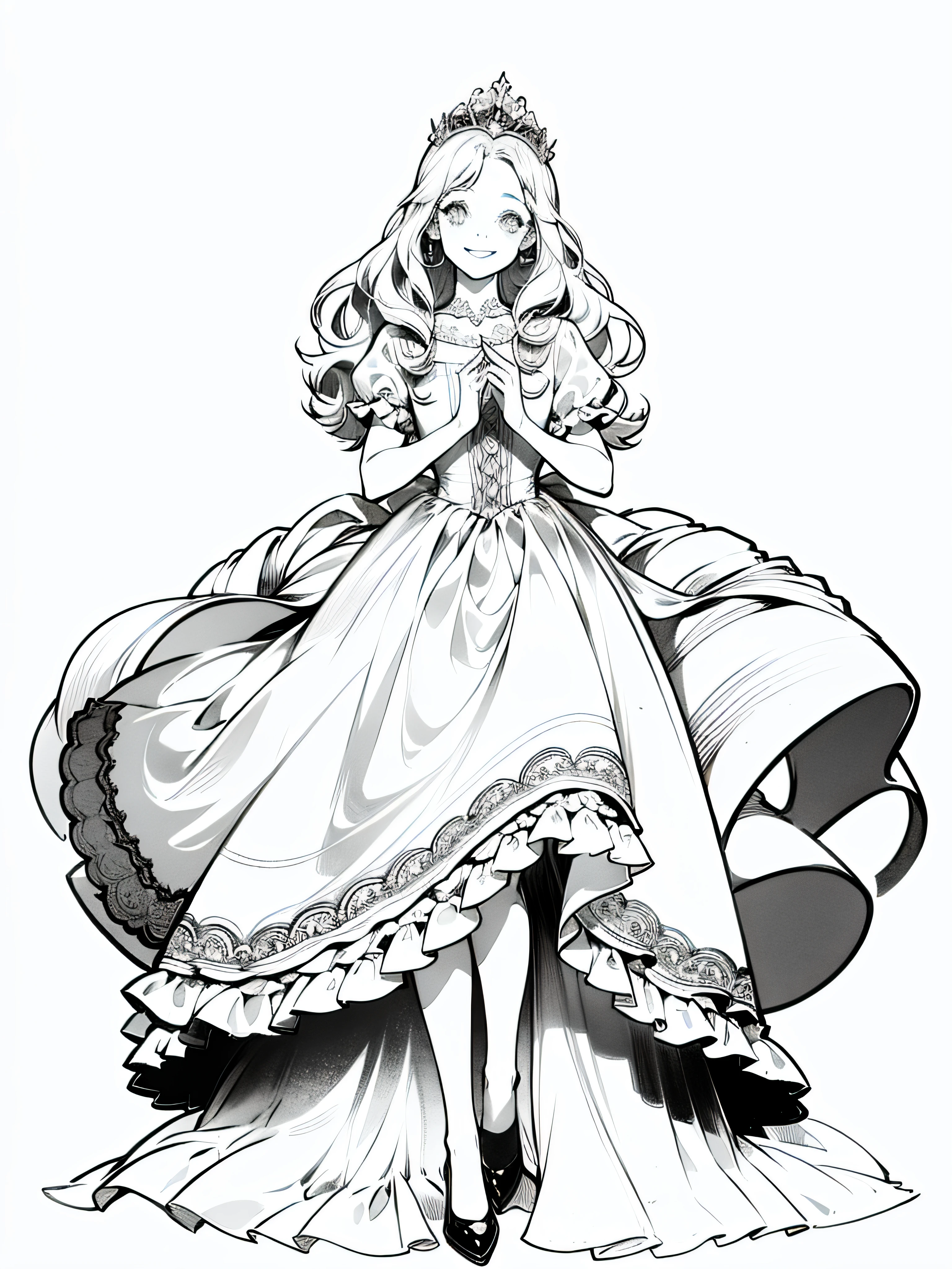 Black line, monochrome, white background, (simple background: 1.2), a drawing of a princess in a Crinoline dress, full body, long curly hair, smile, details, masterpiece,
