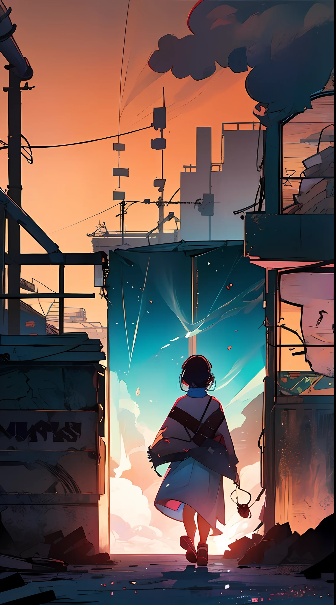A dystopian beacon of hope, a girl from the future who has wandered into the Islamic world, the back of a little girl in the back of the center of the screen, a complex cityscape, a slum, a devastated world, a pulling composition, industrial,