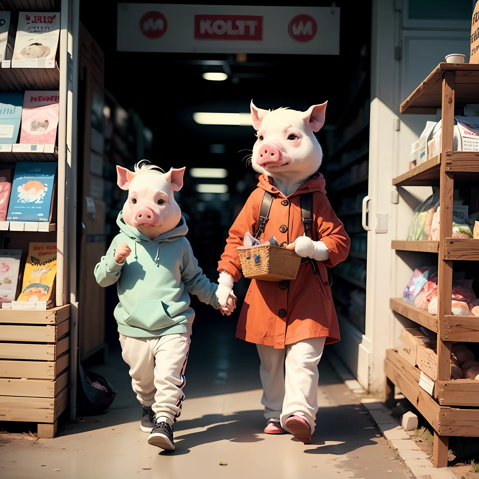 -year-Petere White Pig personifies and goes to the supermarket with his mother