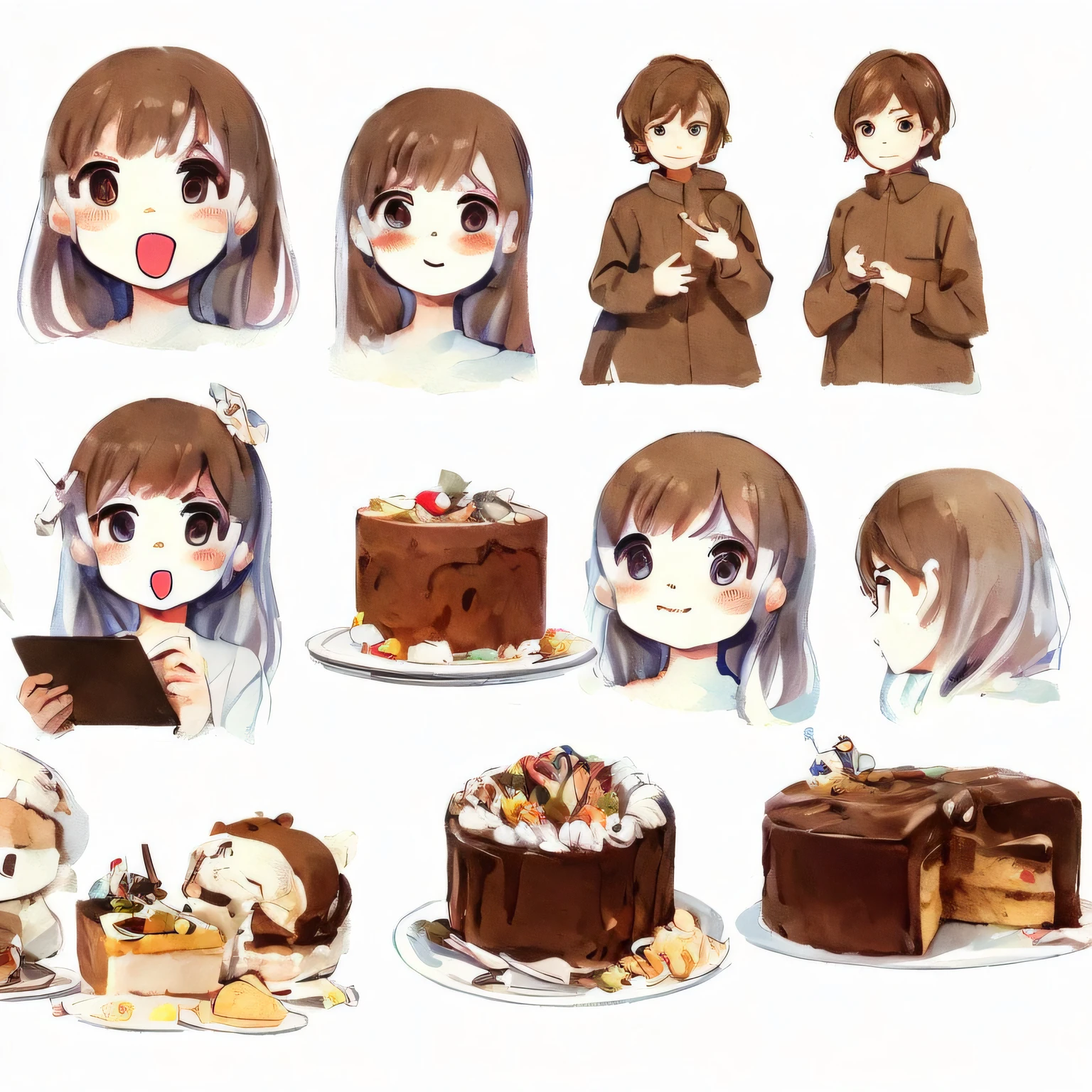 White background, character sheet, many angles, cute illustrations, logo design, brown hair, lots of pastry chef, chef coat, cook coat, have cake, eat, kitchen, masterpiece, high quality