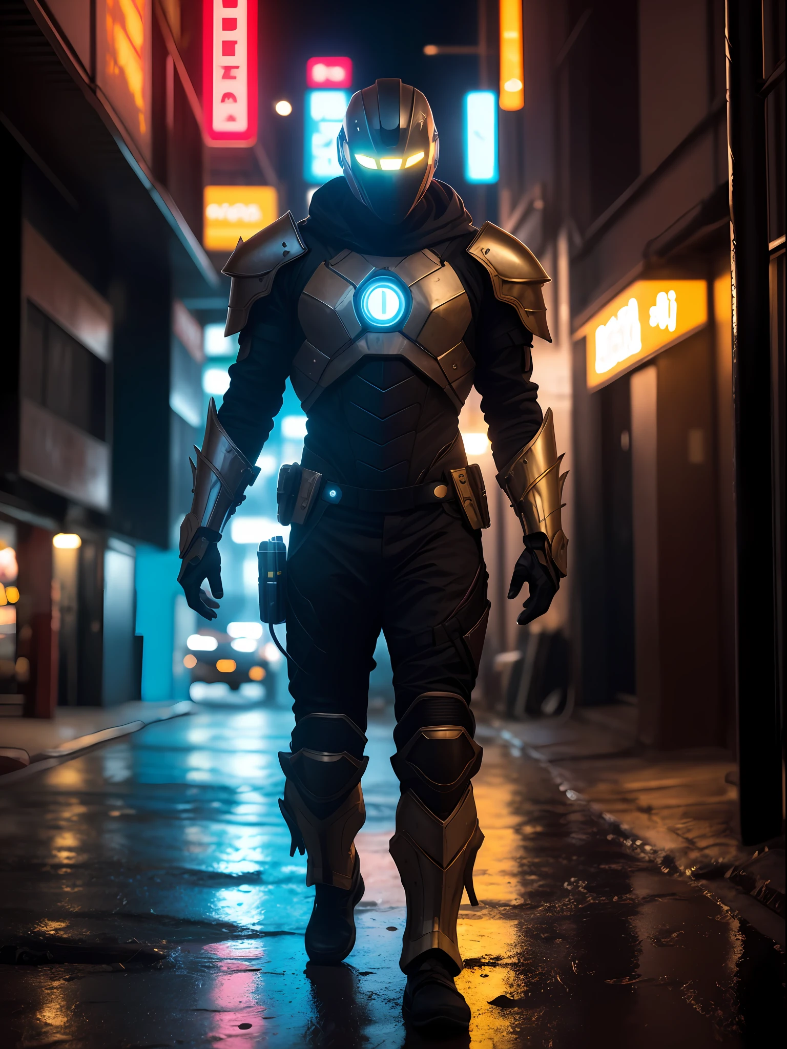 Masterpiece, a mysterious android, standing on a dark and muddy street, with the neon lights reflecting off his metallic skin. Your eyes shine with an electric blue light, night, cyberpunk aesthetics, action movie shot by Kon Satoshi, very detailed lighting, dramatic, trend digital art in Artstation 8k HD high definition detailed realistic, detailed, skin texture, hyper detailed, realistic skin texture, armor, best quality, ultra high res, (photorealistic: 1.4), high resolution, detailed, raw photo,  Sharp Re, by Lee Jeffries Nikon D850 Film Stock Photography 4 Kodak Portra 400 Camera F1.6 Lens Rich Colors Hyper Realistic Realistic Texture Dramatic Lighting UnrealEngine trend in ArtStation Cinestill 800