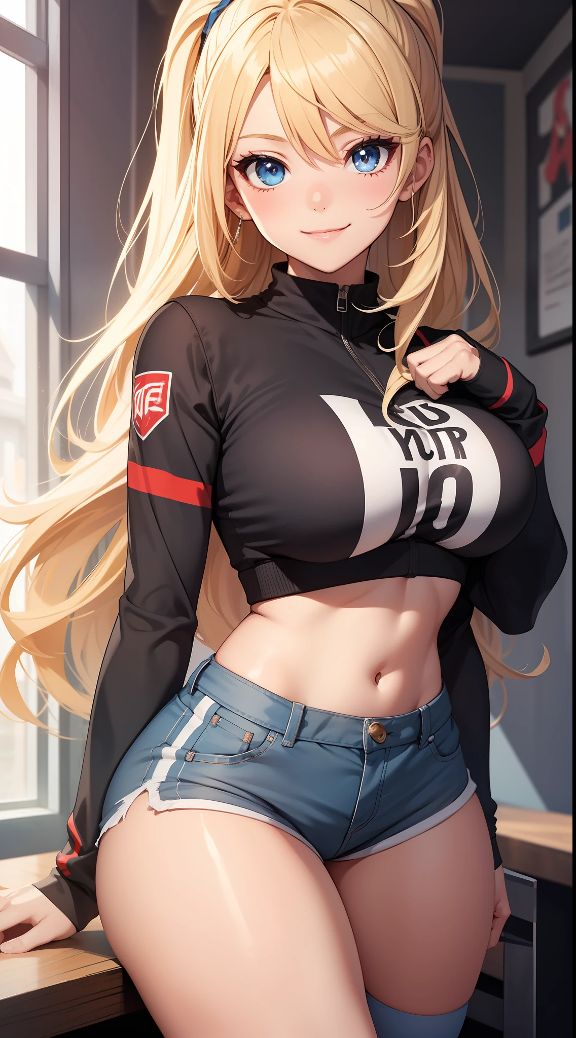 Young girl, long blonde hair, high ponytail, blue eyes, sports top, shorts, big breasts, lush breasts, smile, karambit, masterpiece, high quality