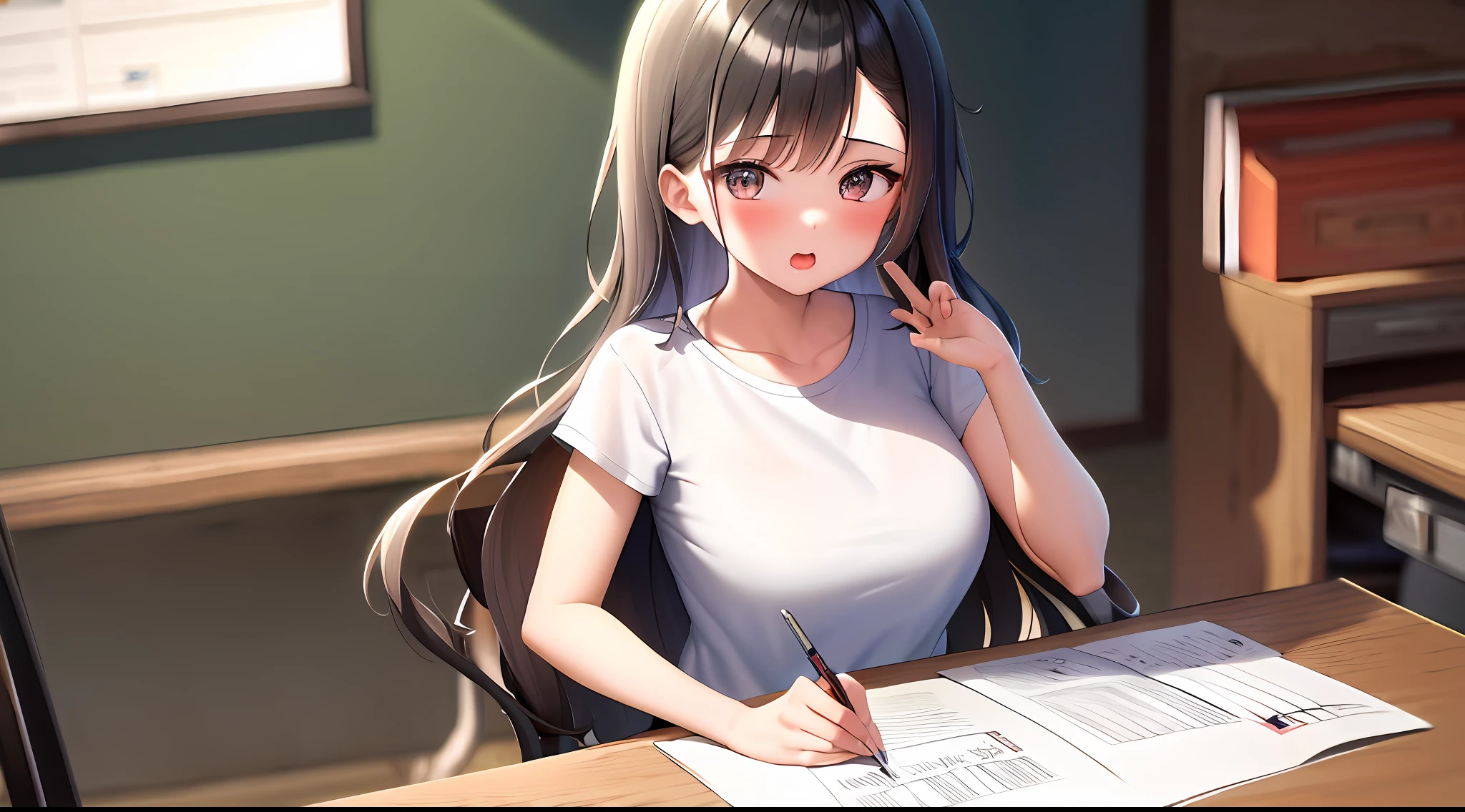 masterpiece, best quality, high resolution, one girl, loose t-shirt, girl sitting on chair studying drafting at desk ,, studying seriously, good luck, drafting, beauty, cute, Japan healing super idol, paperwork, architect, yawn, drowsiness