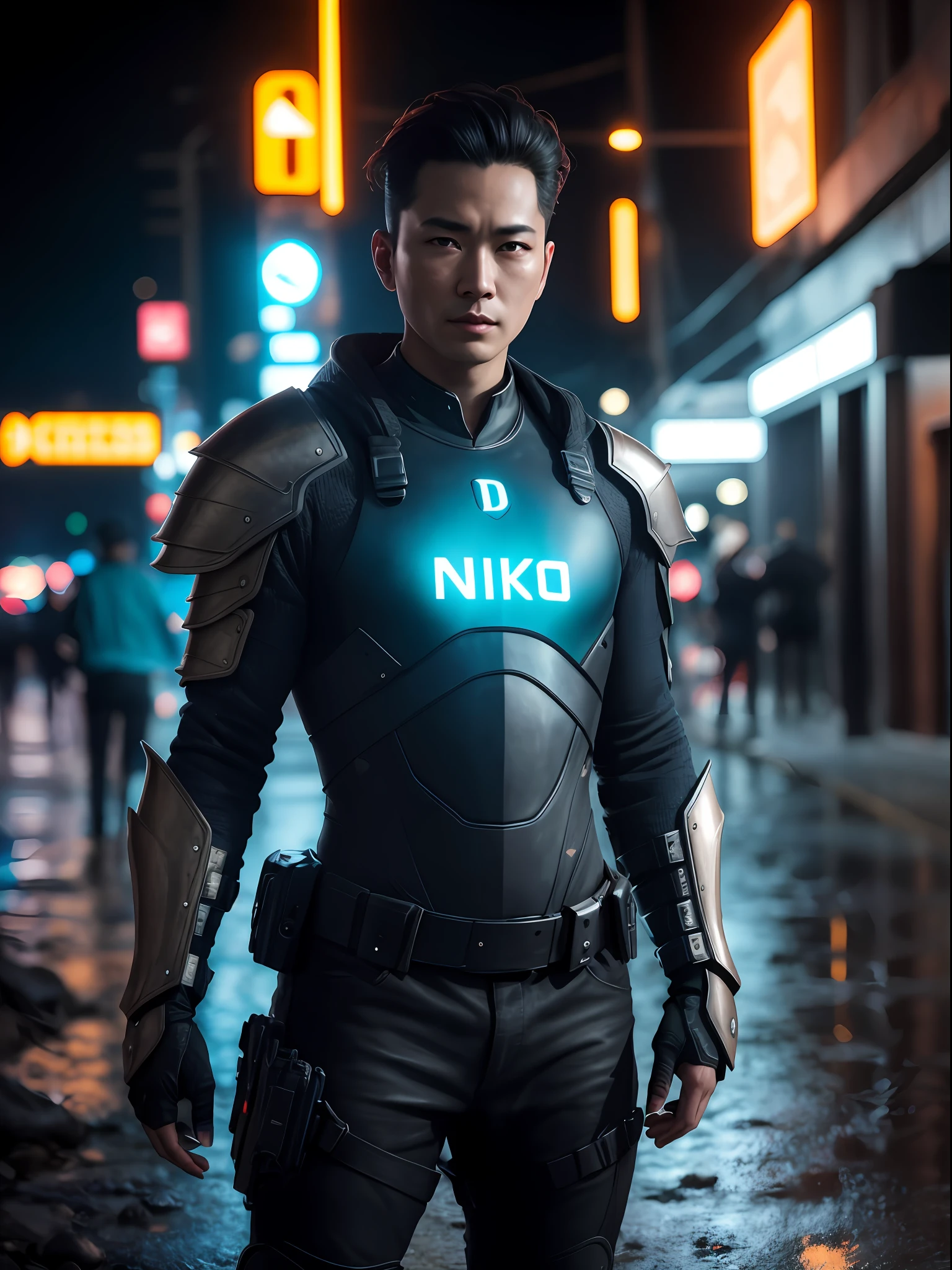 Masterpiece, a mysterious android, standing on a dark and muddy street, with the neon lights reflecting off his metallic skin. Your eyes shine with an electric blue light, night, cyberpunk aesthetics, action movie shot by Kon Satoshi, very detailed lighting, dramatic, trend digital art in Artstation 8k HD high definition detailed realistic, detailed, skin texture, hyper detailed, realistic skin texture, armor, best quality, ultra high res, (photorealistic: 1.4), high resolution, detailed, raw photo, Sharp Re, by Lee Jeffries Nikon D850 Film Stock Photography 4 Kodak Portra 400 Camera F1.6 Lens Rich Colors Hyper Realistic Realistic Texture Dramatic Lighting UnrealEngine trend in ArtStation Cinestill 800