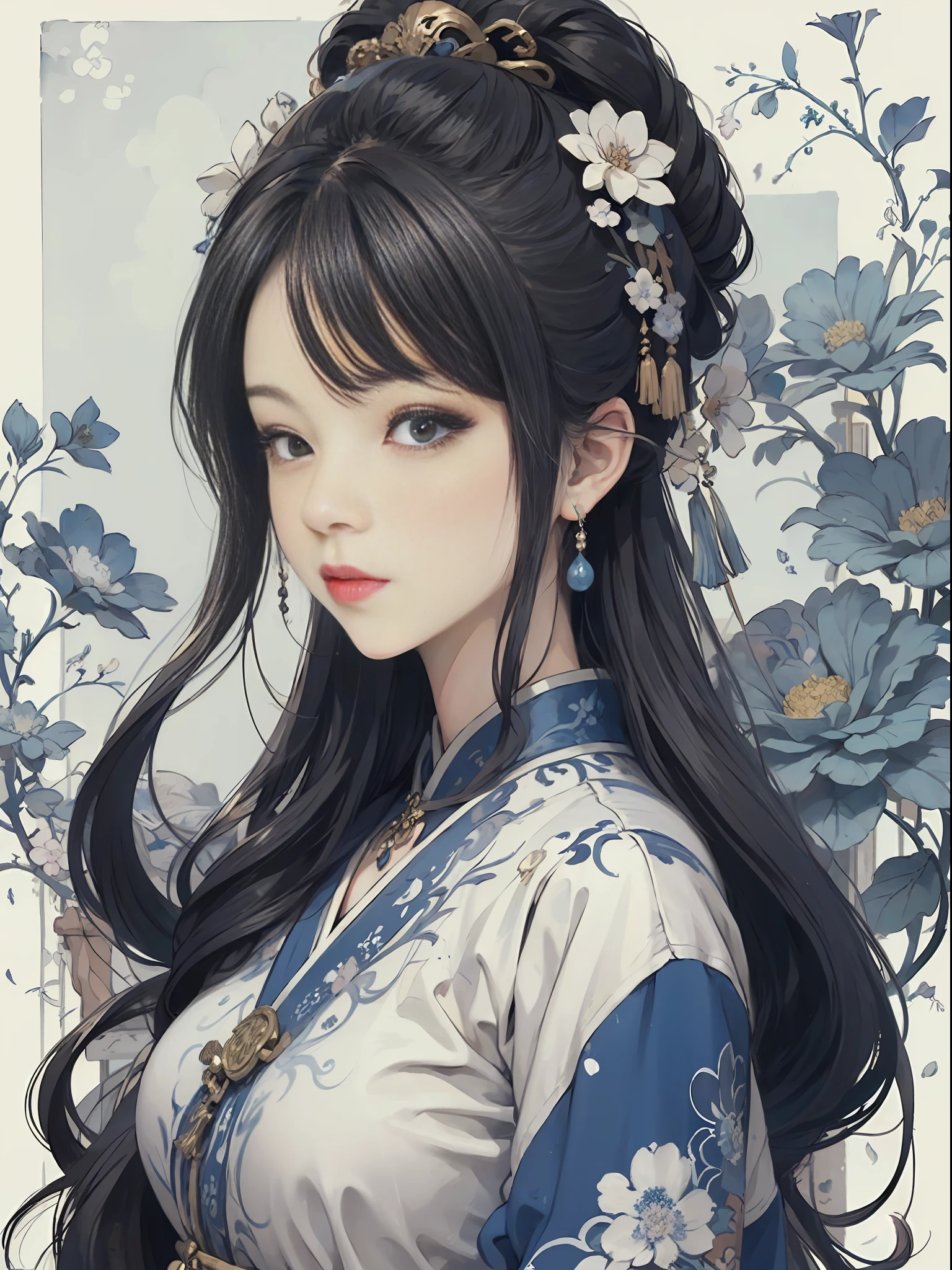 A painting, a woman in a blue and white dress with flowers in her hair, blue and white porcelain style, Hanfu girl, Japanese art style, ancient Chinese art style, beautiful figure painting, Chinese painting style, with ancient Chinese aesthetics, Chinese style, beautiful artwork illustration, Chinese traditional art, oriental art style, blue and white porcelain exhibition, beautiful anime portrait character composition in the lower left corner, blue and white porcelain background decoration in the upper right corner