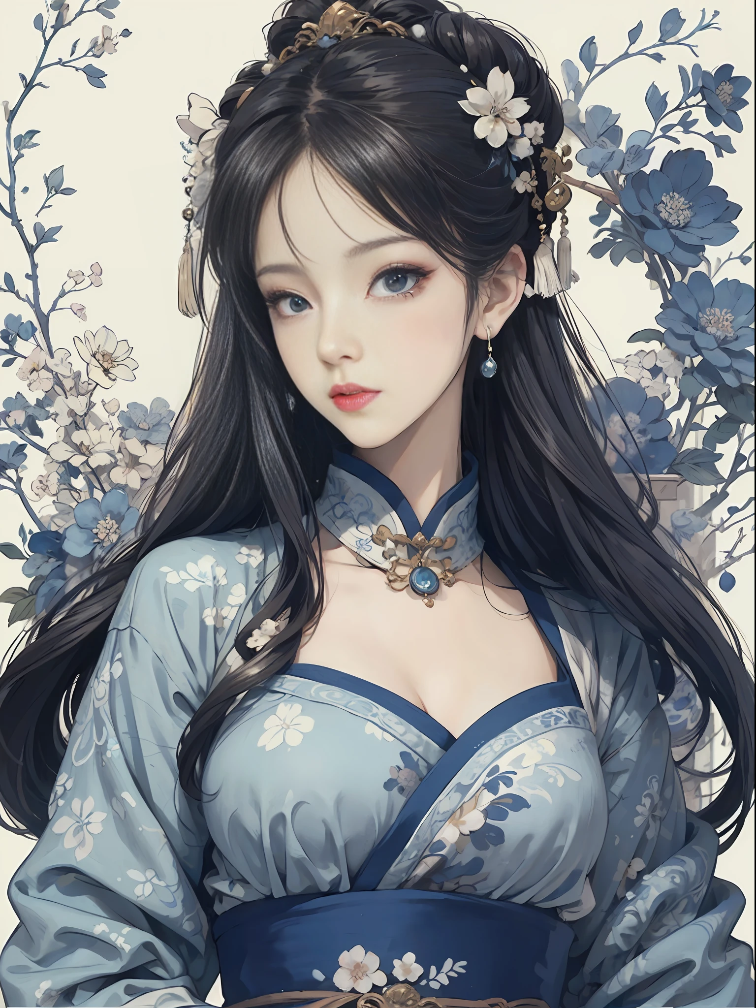 A painting, a woman in a blue and white dress with flowers in her hair, blue and white porcelain style, Hanfu girl, Japanese art style, ancient Chinese art style, beautiful figure painting, Chinese painting style, with ancient Chinese aesthetics, Chinese style, beautiful artwork illustration, Chinese traditional art, oriental art style, blue and white porcelain exhibition, beautiful anime portrait character composition in the lower left corner, blue and white porcelain background decoration in the upper right corner