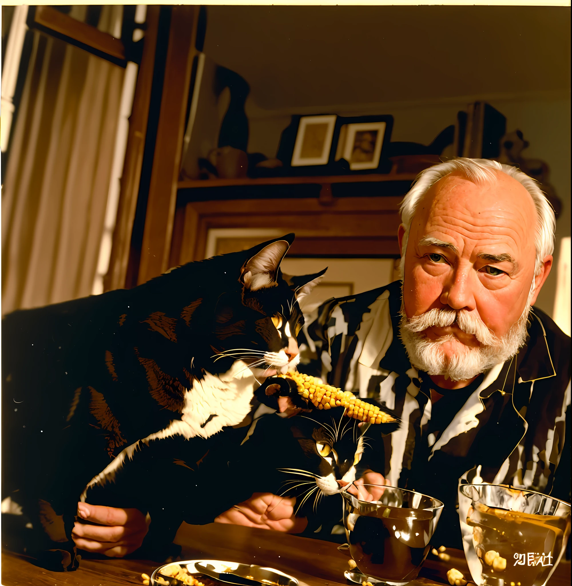 Round-faced bearded old man, Hemingway, writer Hemingway, feed a cat corn, the cat stands on the table, the picture is clean and free of clutter