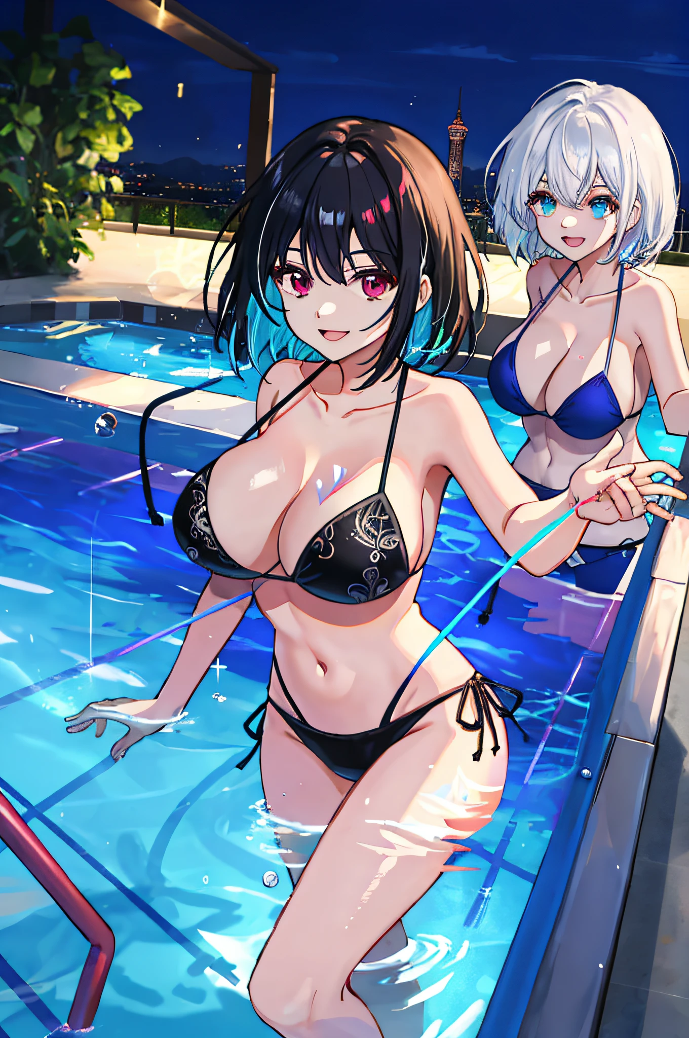 High quality, high detail, absurdity, HUD, intricate details, best quality, wallpaper, 4k, night, pool party, brilliant lights, two girls, huge pool, glass round table, red wine, swimwear, seductive figure, playful, splashing, happy smile, black hair, white hair, bright colors, long hair, short hair, slender figure, slender legs, dynamic action, dynamic perspective, water droplets, light and shadow reflection, water surface,