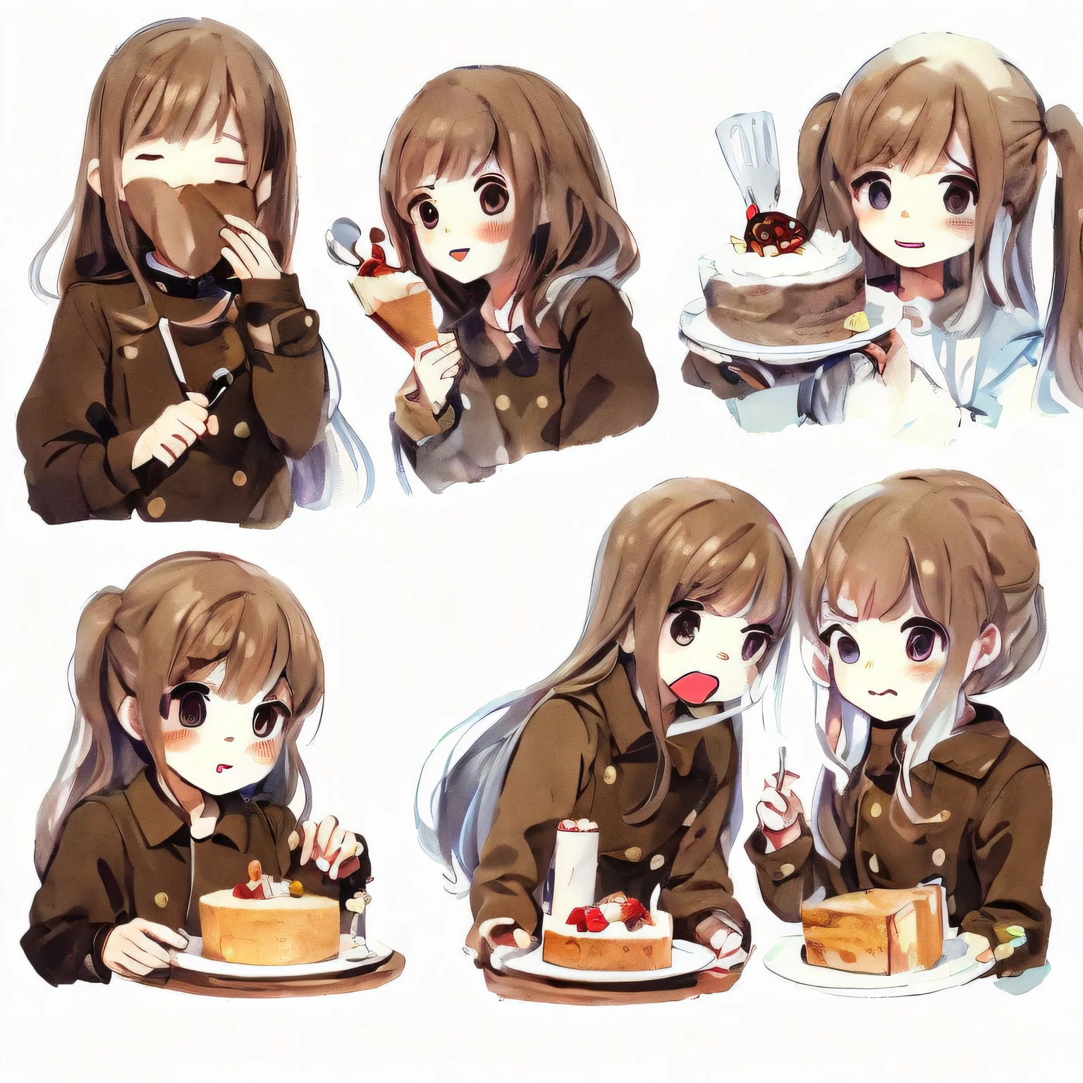 White background, character sheet, many angles, cute illustrations, logo design, brown hair, lots of pastry chef, chef coat, cook coat, have cake, eat, kitchen, masterpiece, high quality