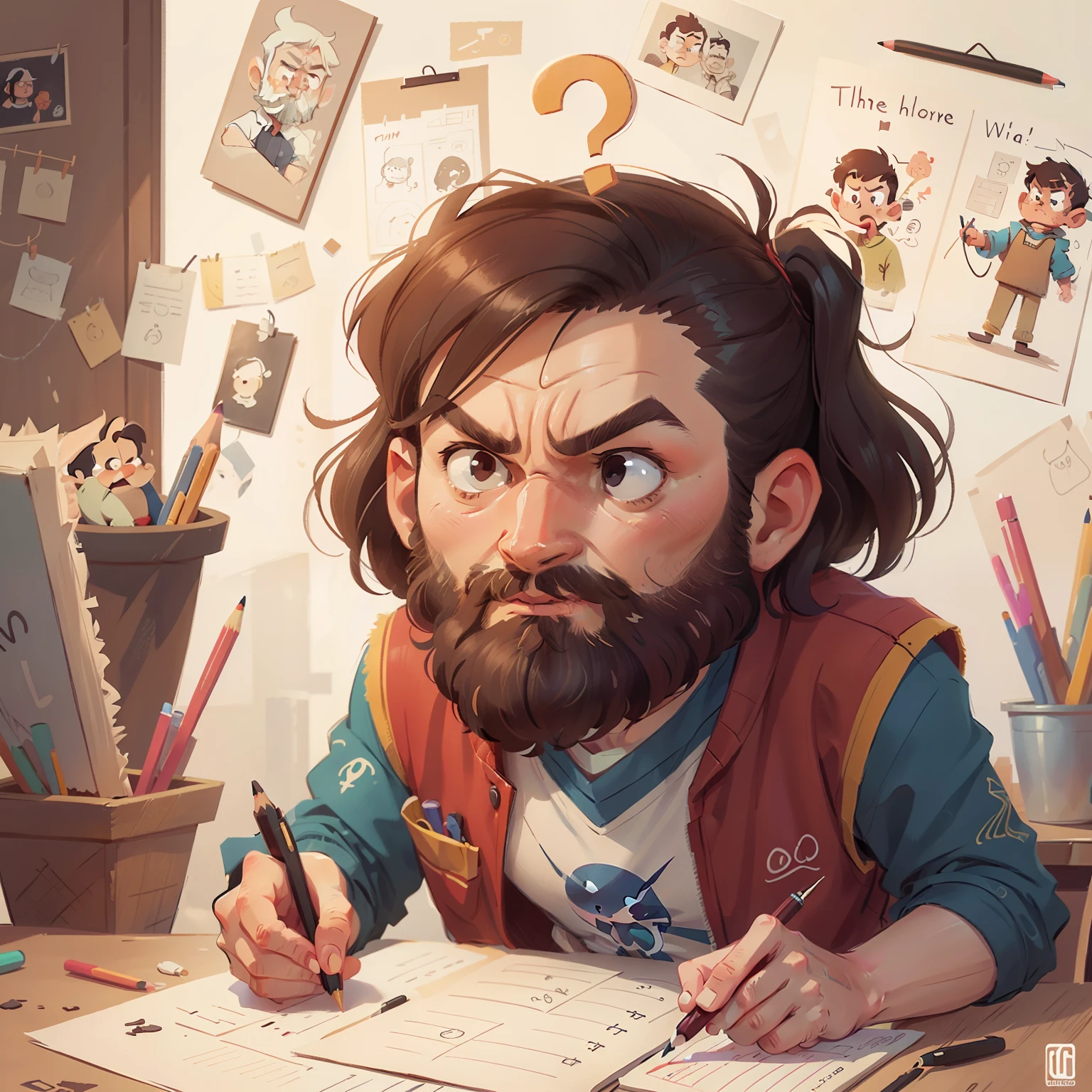 An image with a question mark on his head, simple drawing, he holds a pencil, hand-drawn drawing, comic characters, comic style, professional drawing, cartoonist, simple drawing style, cartoon drawing, cartoon illustration, serious drawing, drawing style, poorly drawn, Stickman style: Man, gentle, uncle, no glasses, three-seven hair, avatar photo, avatar photography, close-up of the person, bearded, colored, short hair, three-seven black hair