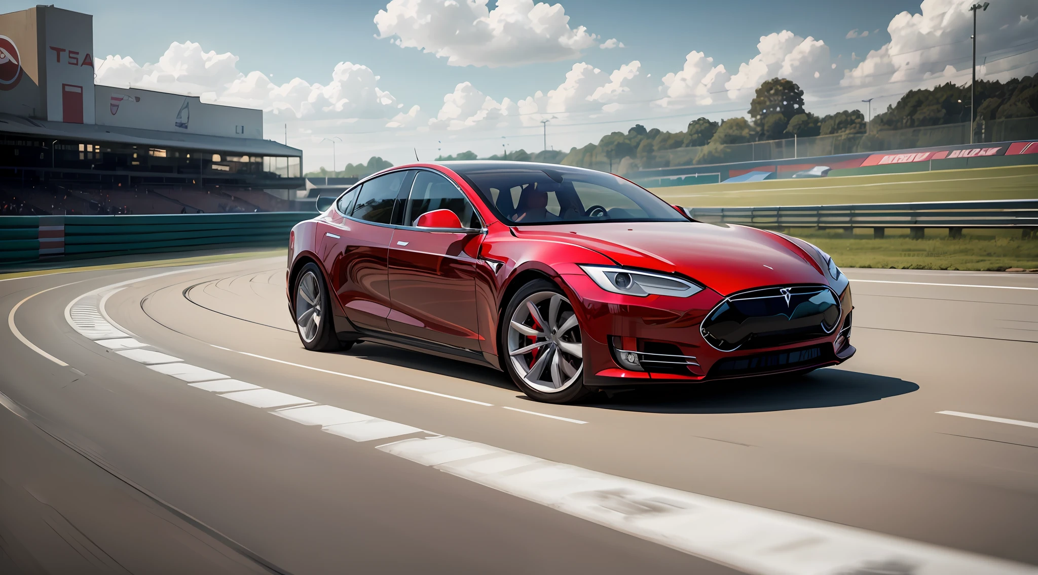 Tesla, background is realistic architectural style, vehicle racing on the track, close-up, medium, far, big vista, super hd, ultra-real, 8k, super detail, precise, the best quality --auto