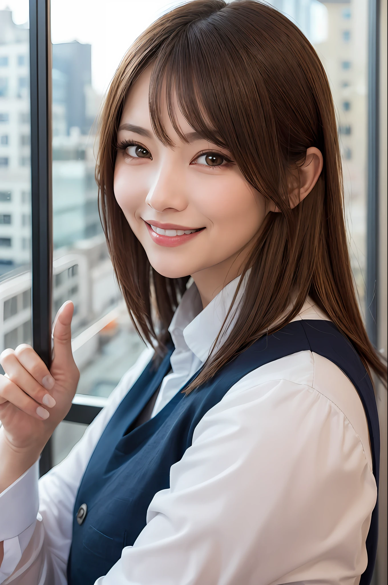 girl one, mature woman, vest, photo, realistic, best quality, adopted, detailed face, smile, brown hair, office, building from window, detailed background, diffuse sunlight, depth of field, bokeh