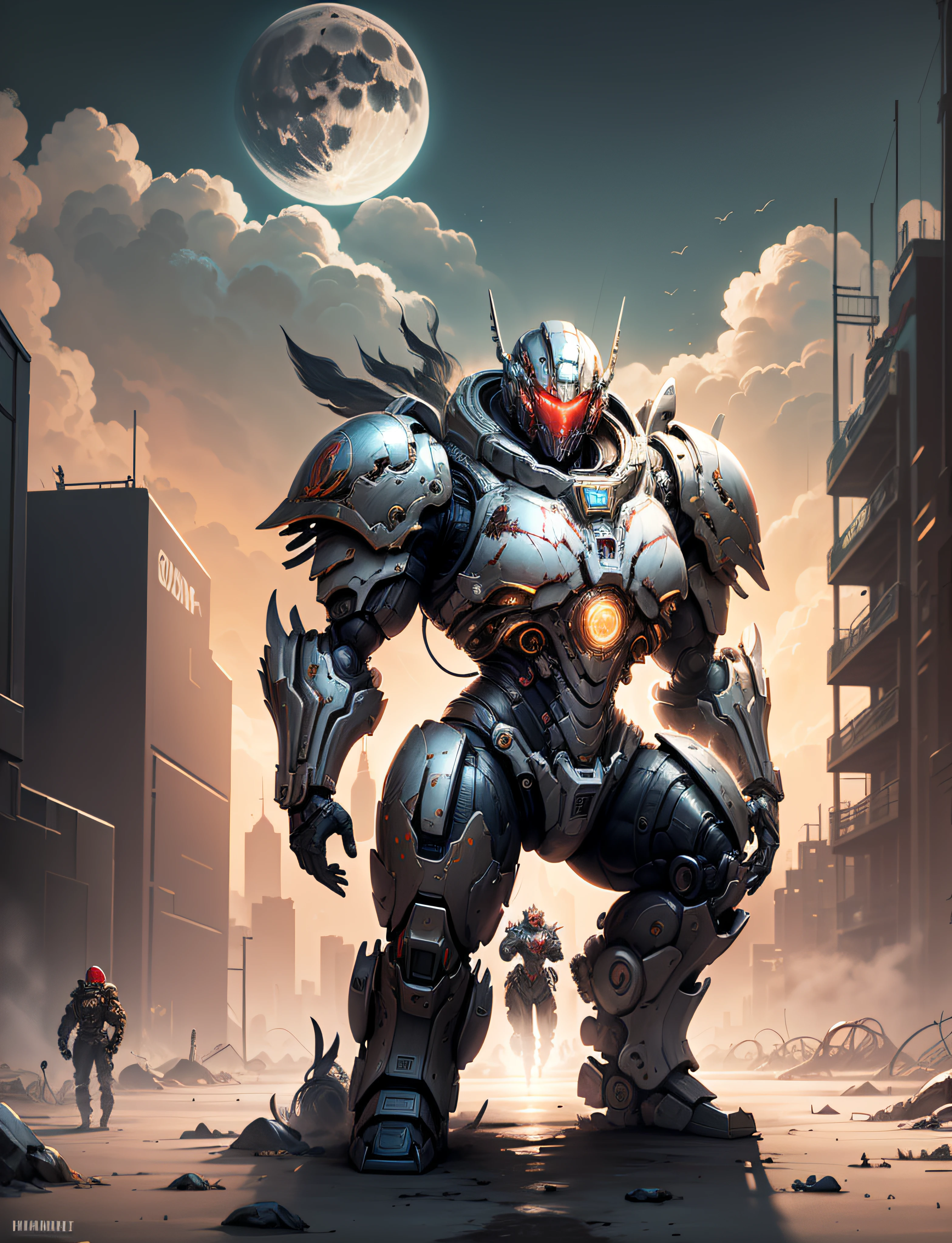 space marine, harhammer 40,000, world at war, beautiful cyberpunk woman with very detailed mecha treatment, vibrant colors, metallic red, bloodthirsty, with sky with clouds and full moon, full body with detailed armor, with a large pitbul dog with combat armor,